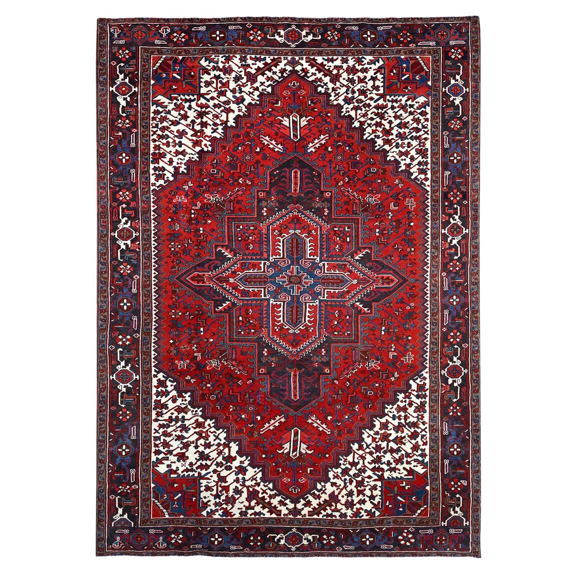 9'3 "x11'8" Watermelon Red Tappeto Persiano Heriz Geometrico Annodato a Mano in Pura Lana