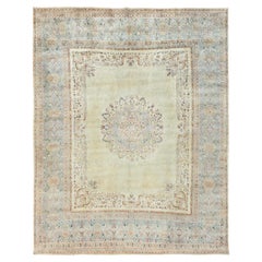 Alfombra oriental persa de Kerman de color marfil, tejida a mano con lana, de 9'3" x 11'9", con desgaste uniforme