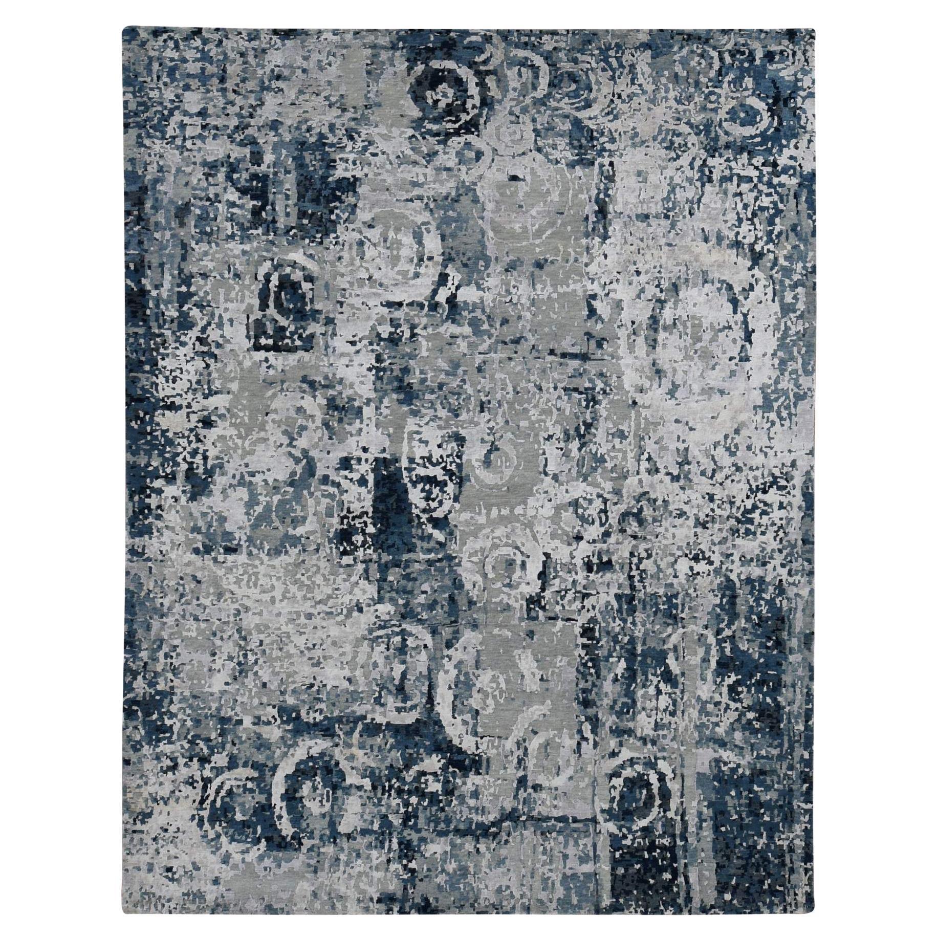 9'3 "x12' Gris Arsénico, Anudada a Mano, Diseño de Círculos Borrados, Alfombra de Lana y Seda en venta