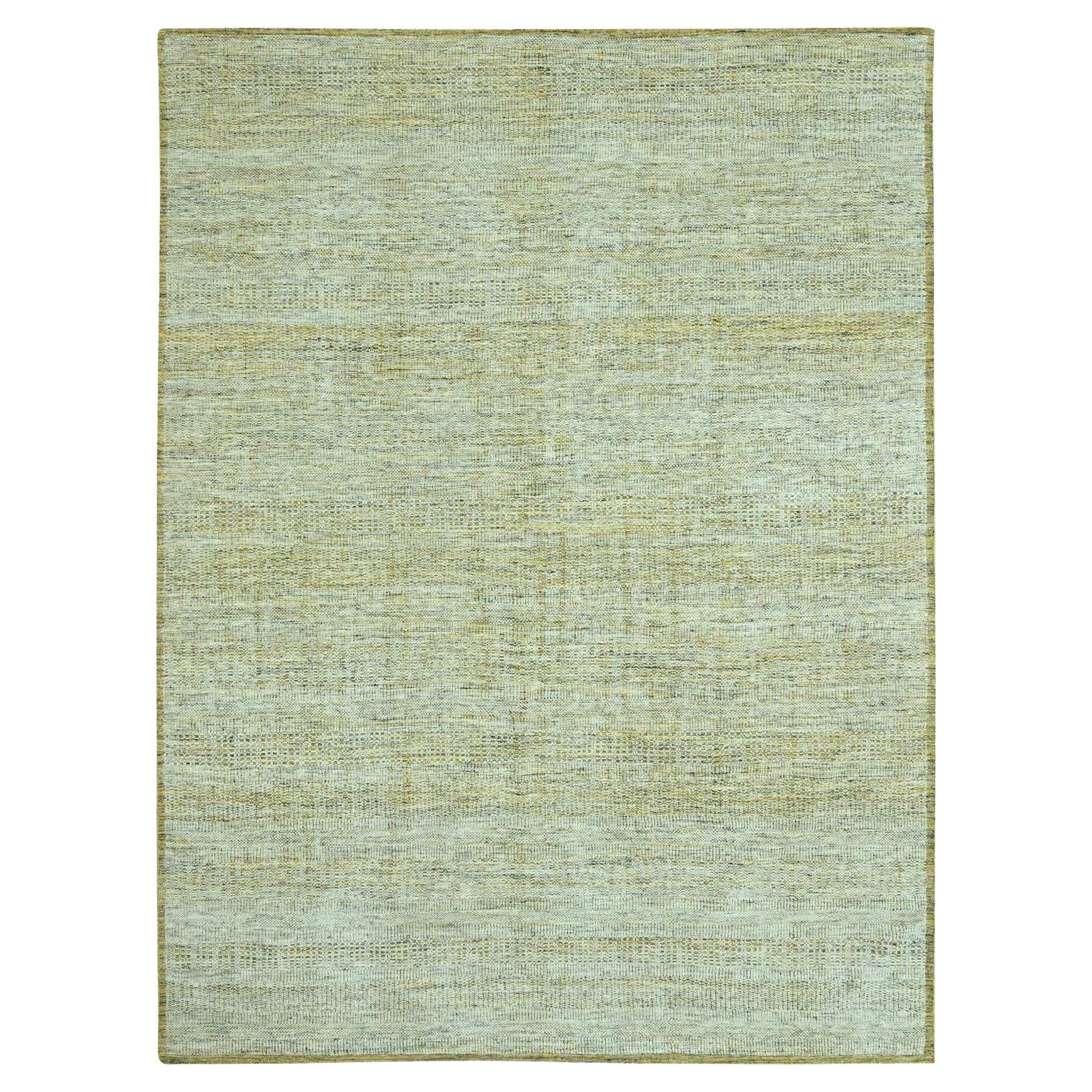 9'3"x12' Yellow Hand Knotted 100% Wool Oxidized and Distressed Grass Design Rug