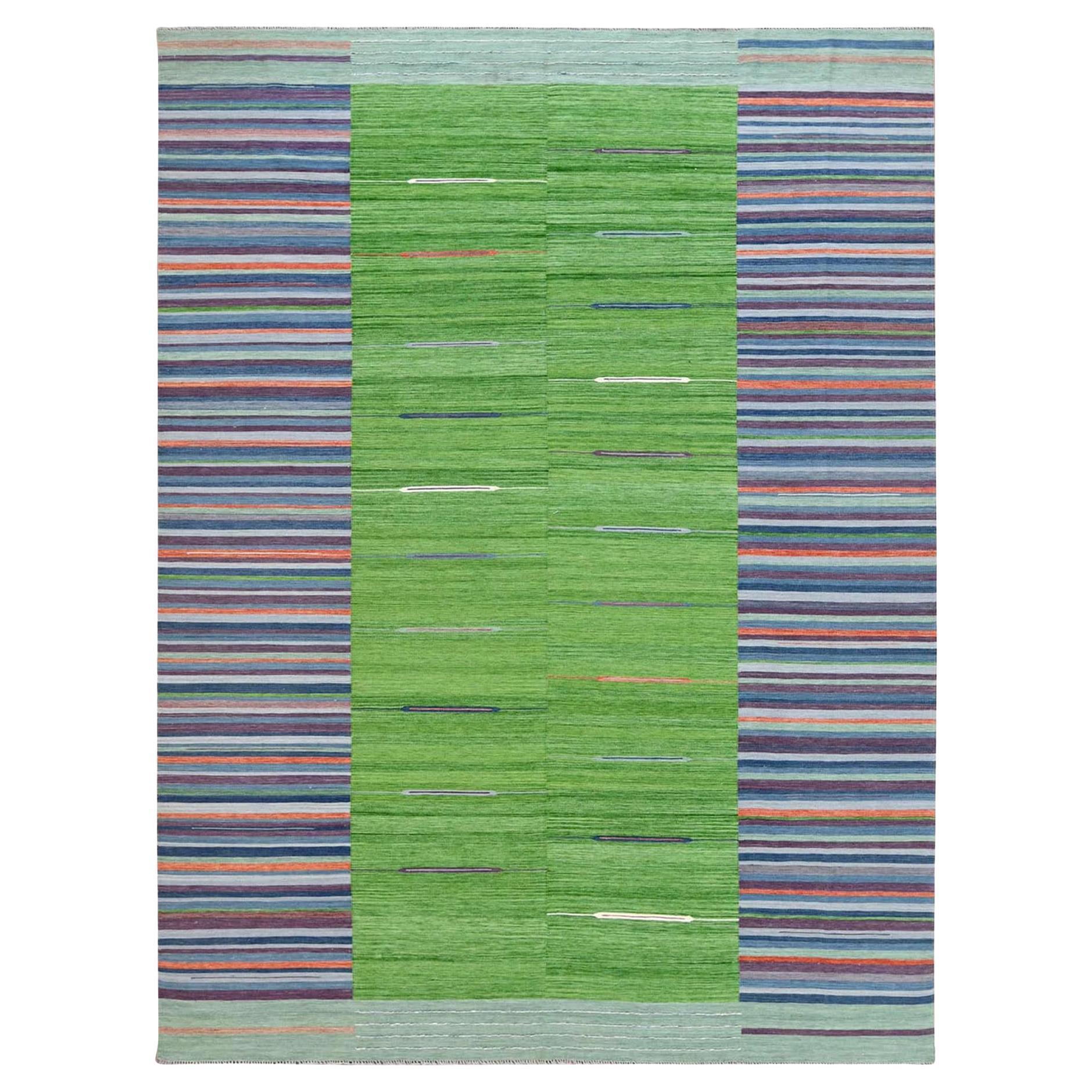 9'3"x12'1" Flat Weave Kilim Pure Wool Hand Woven Stripe Design Reversible Rug