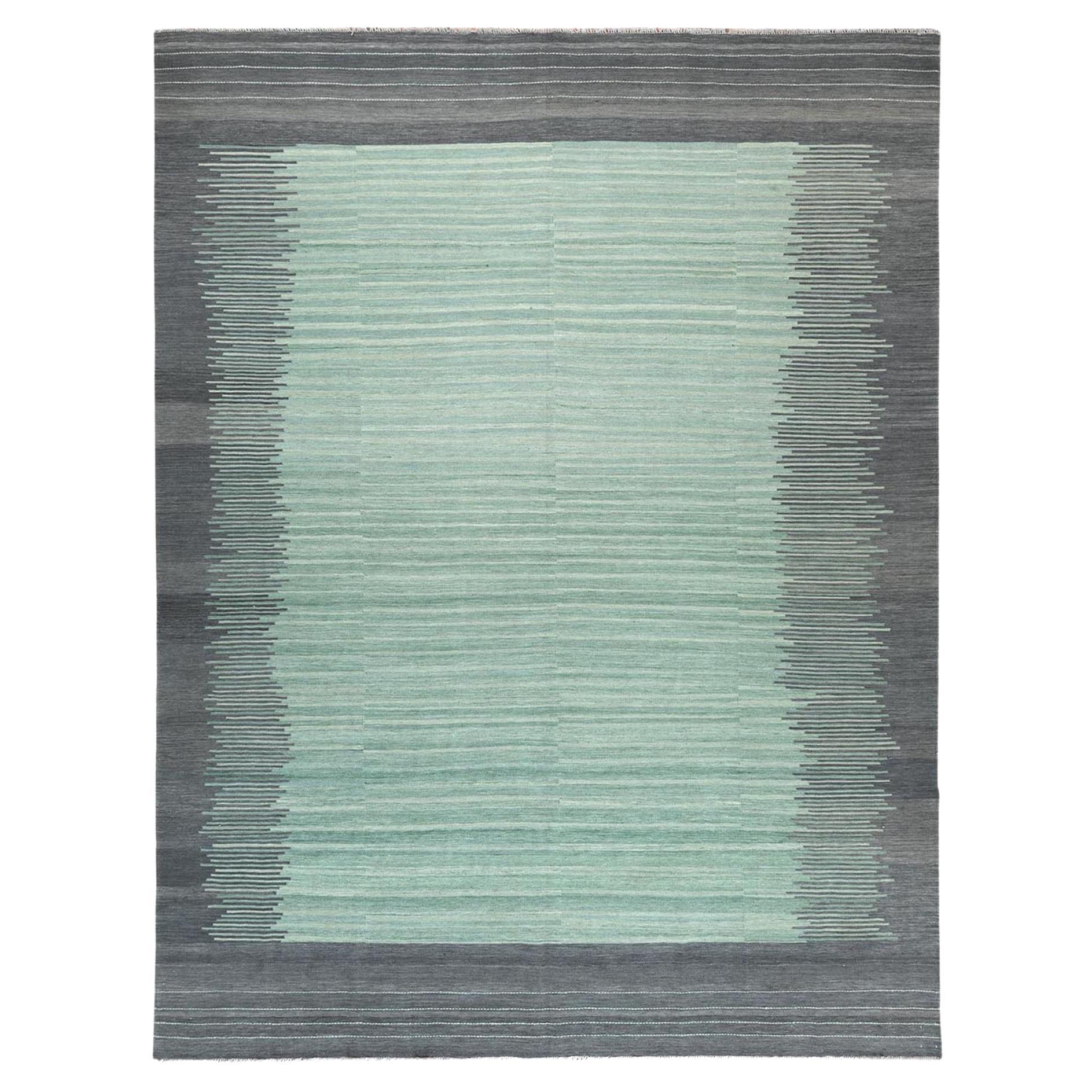 9
3"x12
1" Hand Woven Nomadic Design Light Green Flat Weave Kilim Pure Wool Rug For Sale