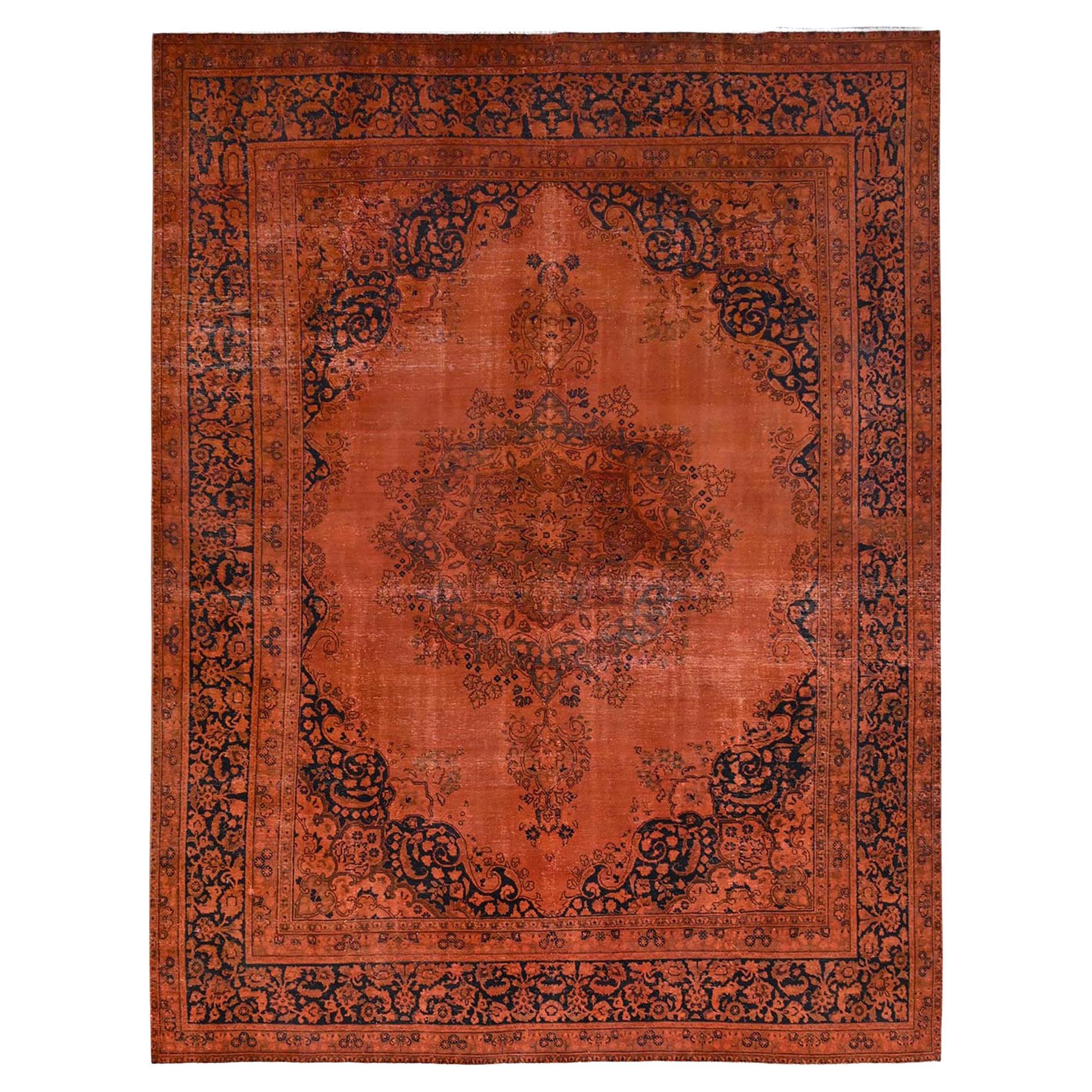 9'3"x12'1" Orange Vintage Persischer Täbris-Teppich aus reiner Wolle, handgeknüpft, orientalisch, Vintage