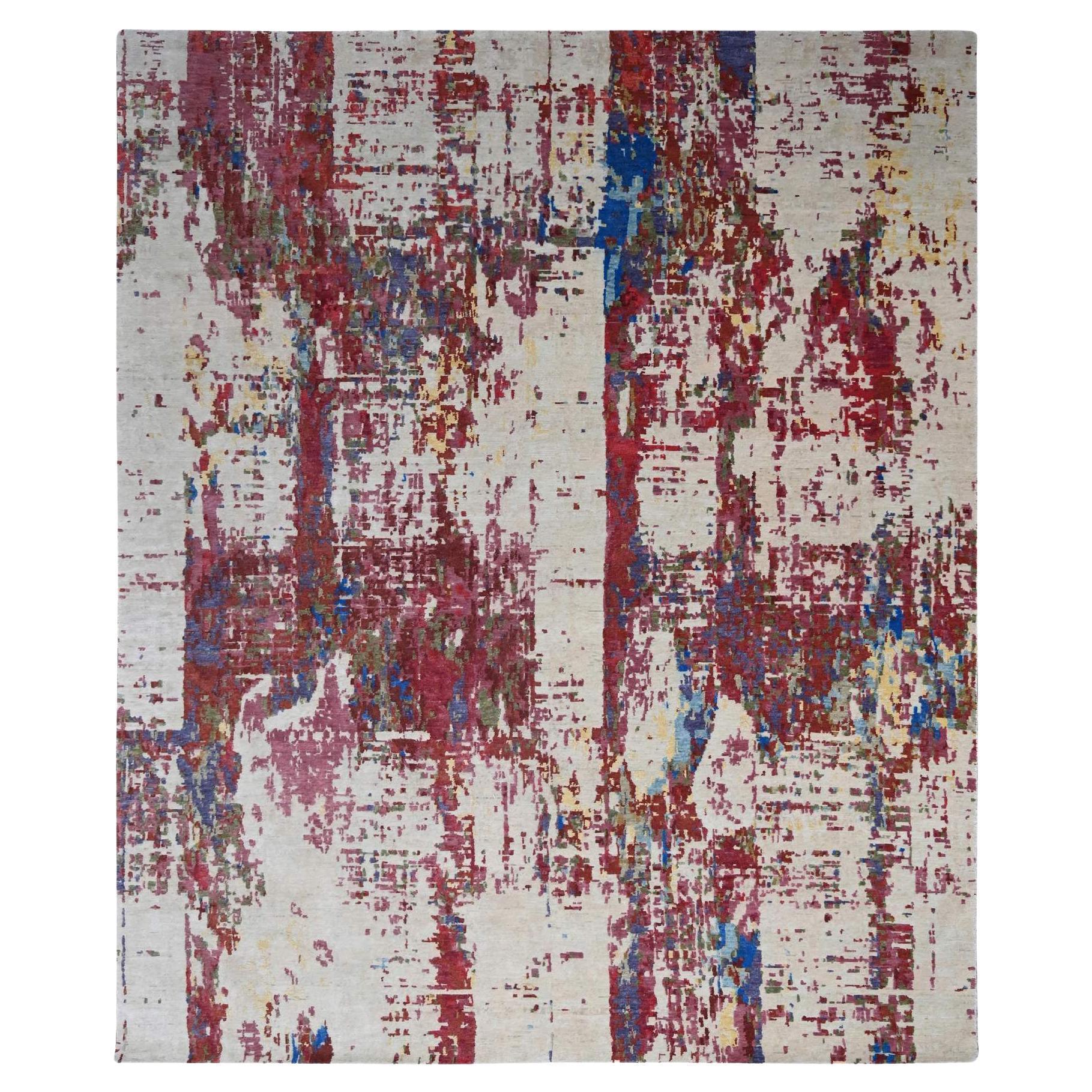 9'3"x12'2" Accessible Beige Pure Wool Abstract Design Hand Knotted Oriental Rug