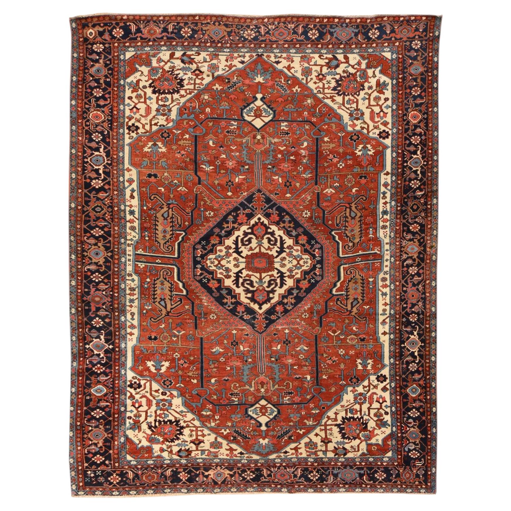 9'3"x12'3" Red Antique Zoroastrian Heris Good Condition Hand Knotted Wool Rug For Sale