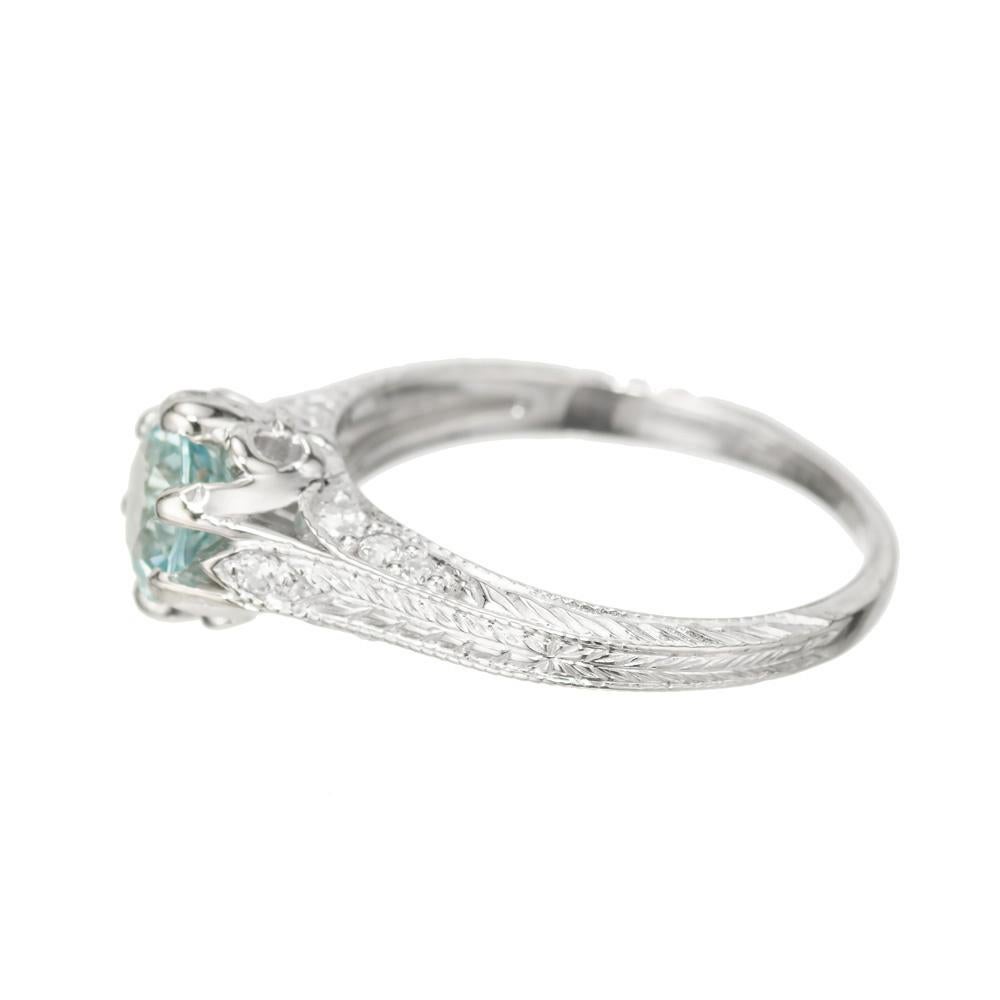 Round Cut .94 Carat Aqua Diamond White Gold Engagement Ring For Sale