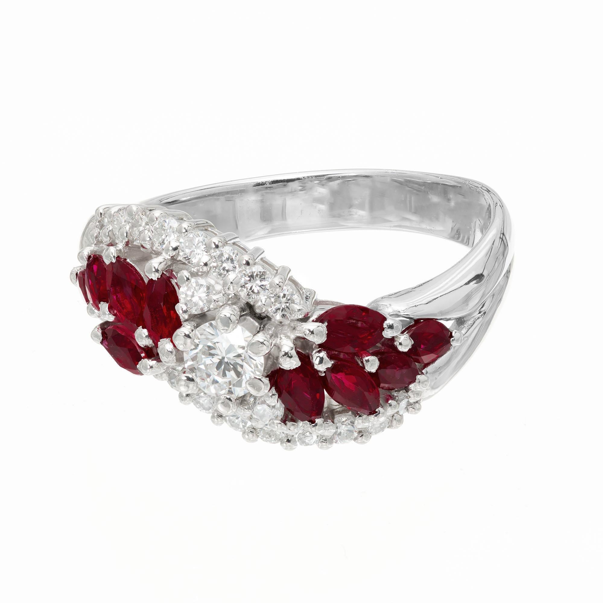 Marquise Cut .94 Carat Ruby Diamond Platinum Swirl Cluster Ring For Sale