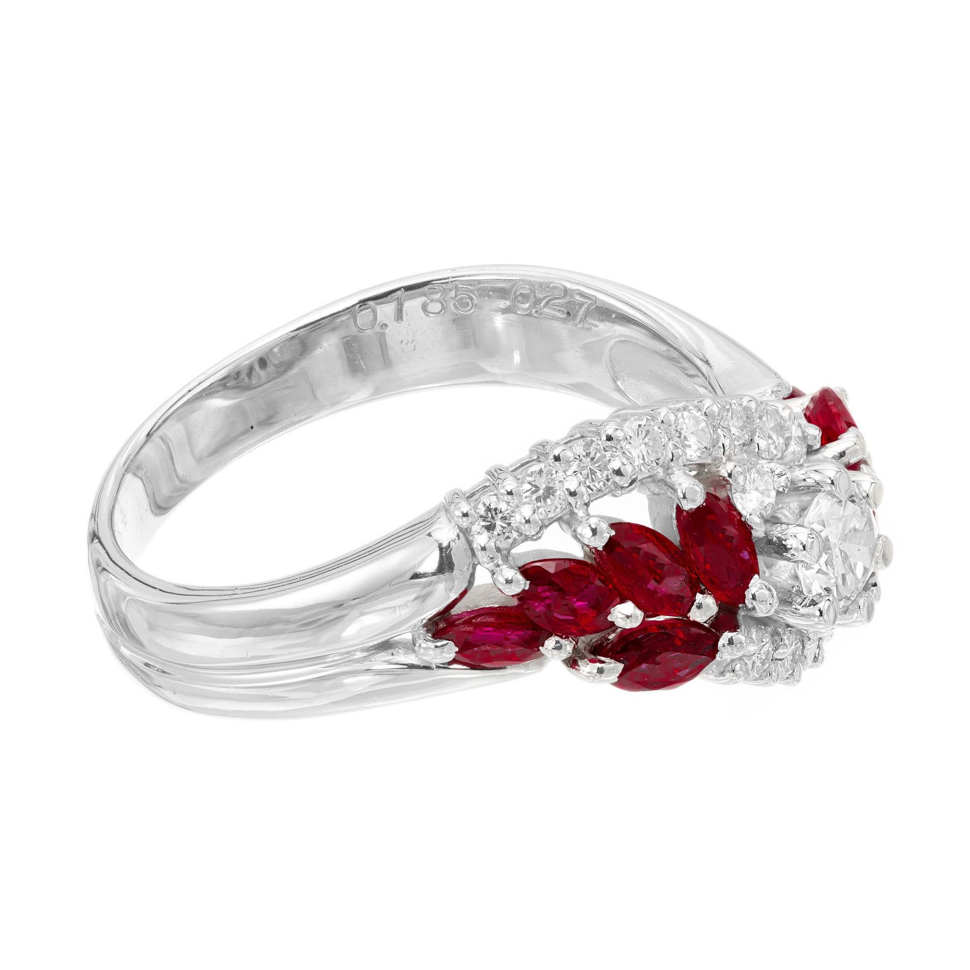 Women's .94 Carat Ruby Diamond Platinum Swirl Cluster Ring For Sale