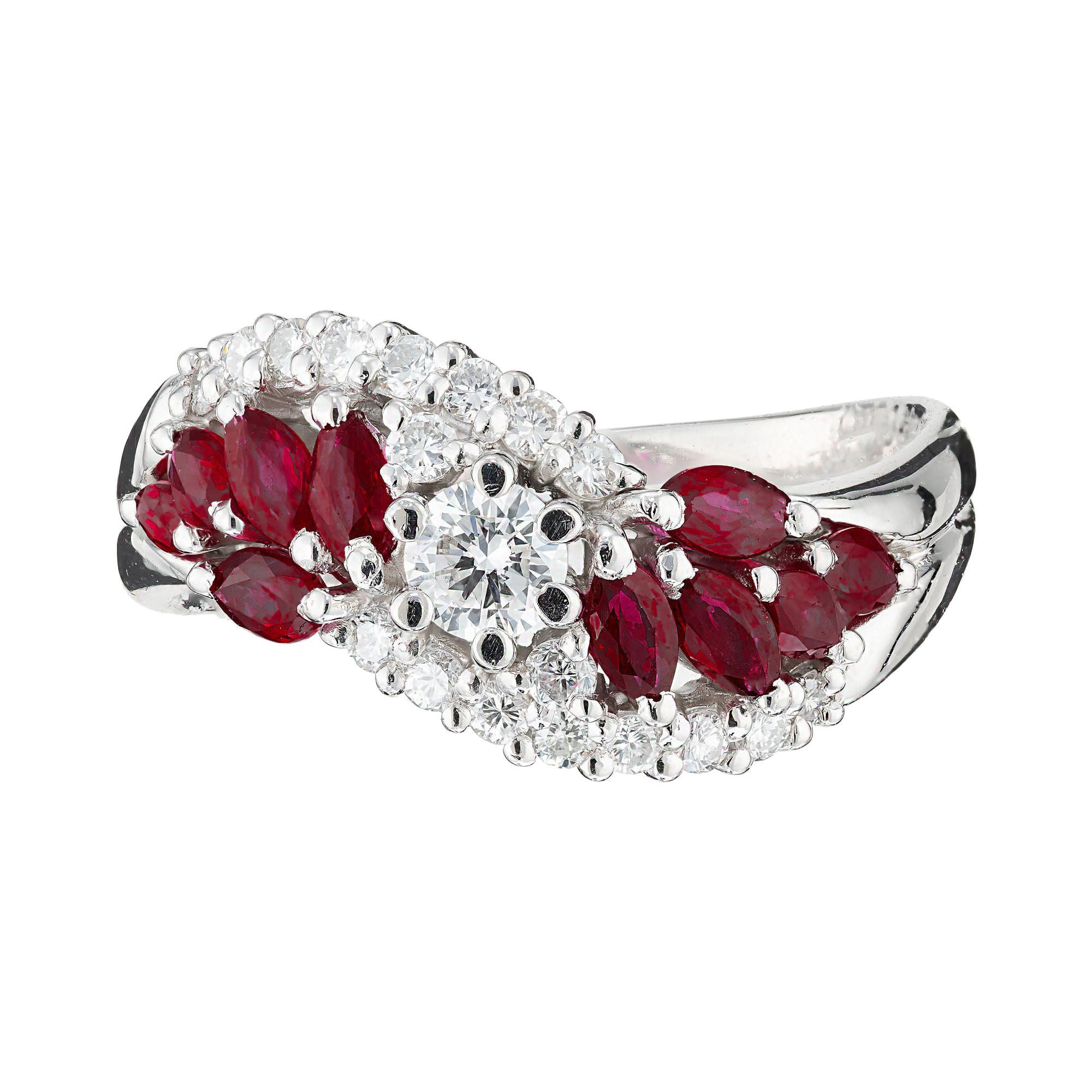 .94 Carat Ruby Diamond Platinum Swirl Cluster Ring For Sale