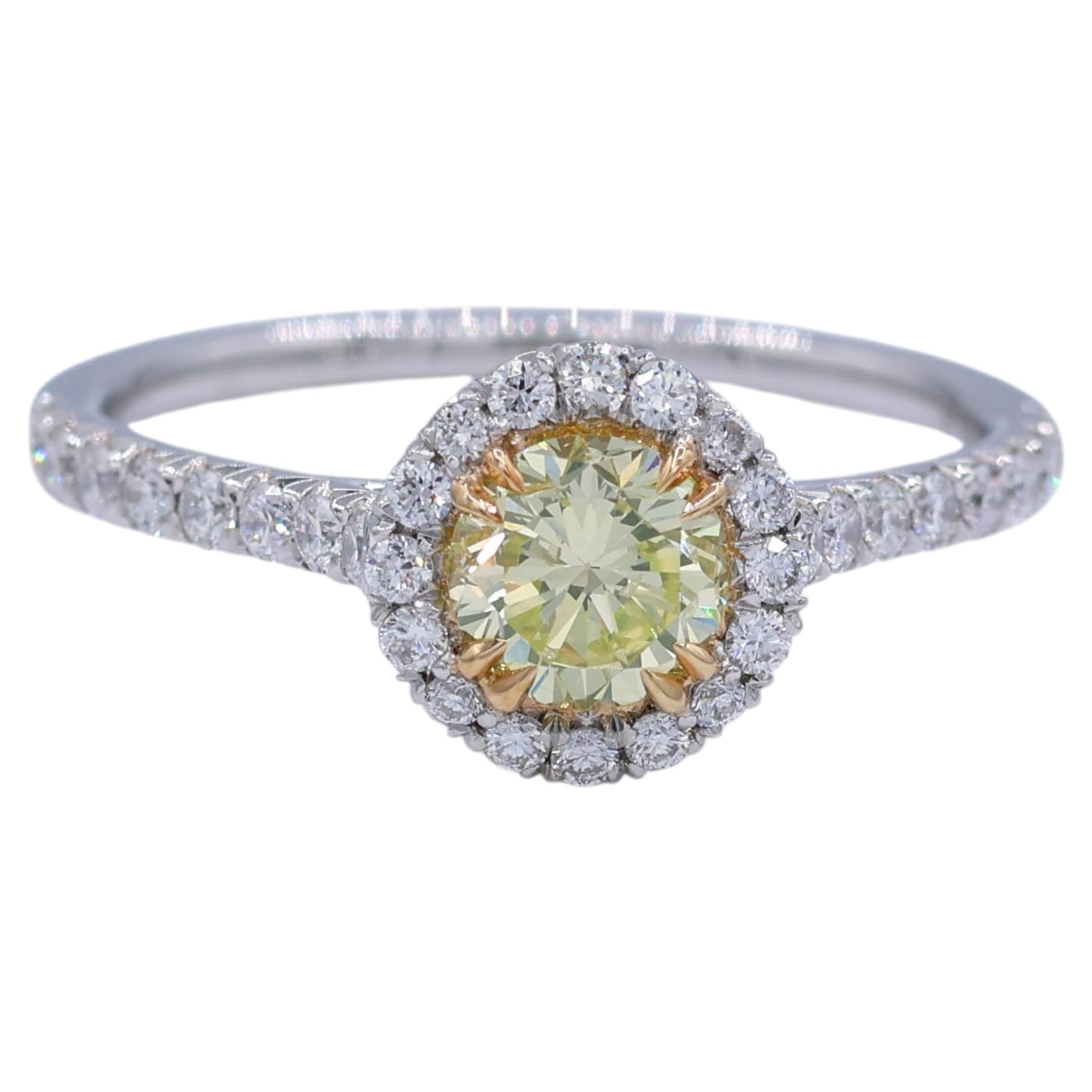 .94 Carat Total Weight Greenish Yellow Diamond Halo Engagement Ring