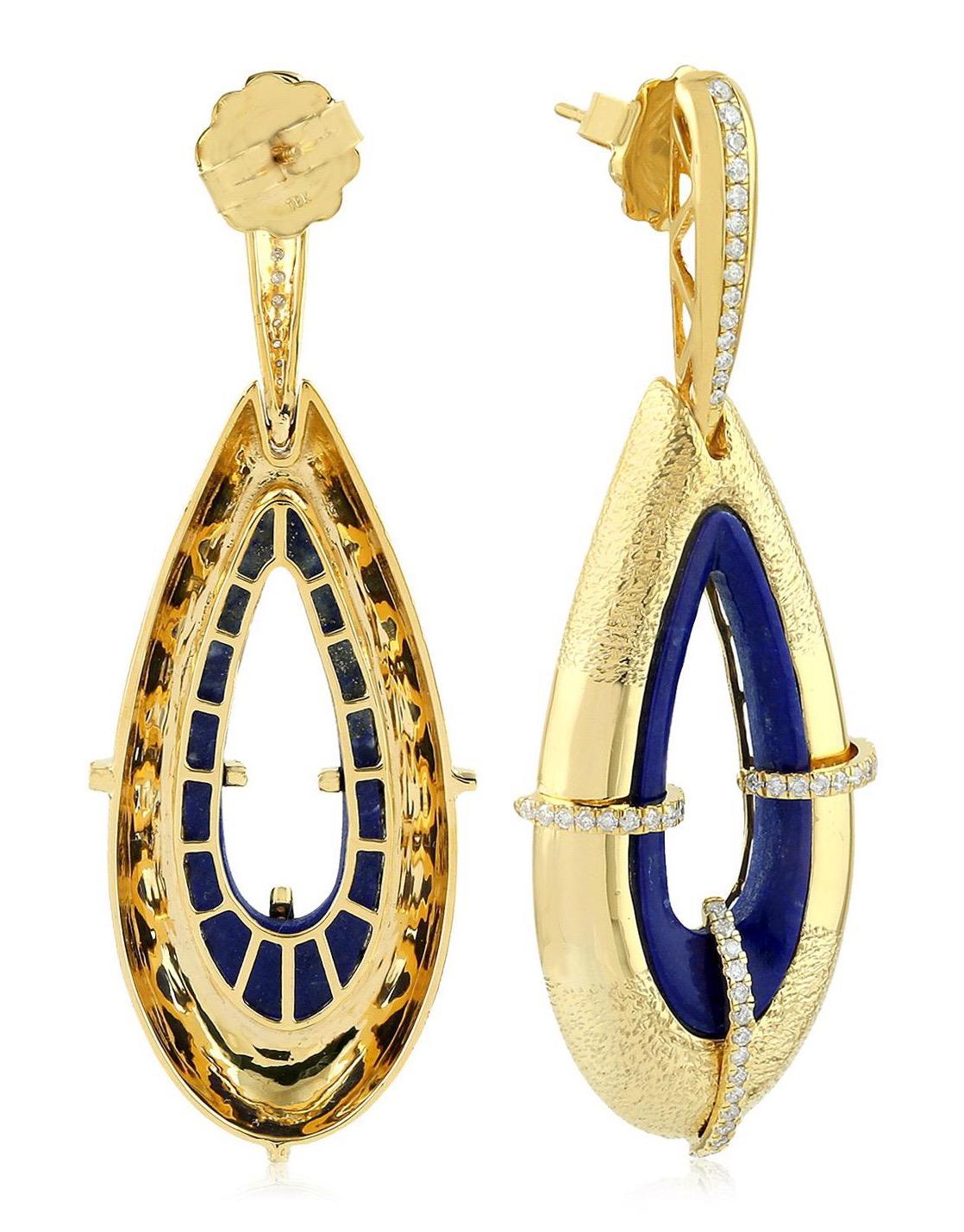 Contemporary 9.4 Carat Lapis Diamond 18 Karat Gold Earrings For Sale