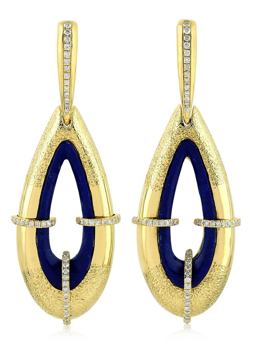 Oval Cut 9.4 Carat Lapis Diamond 18 Karat Gold Earrings For Sale