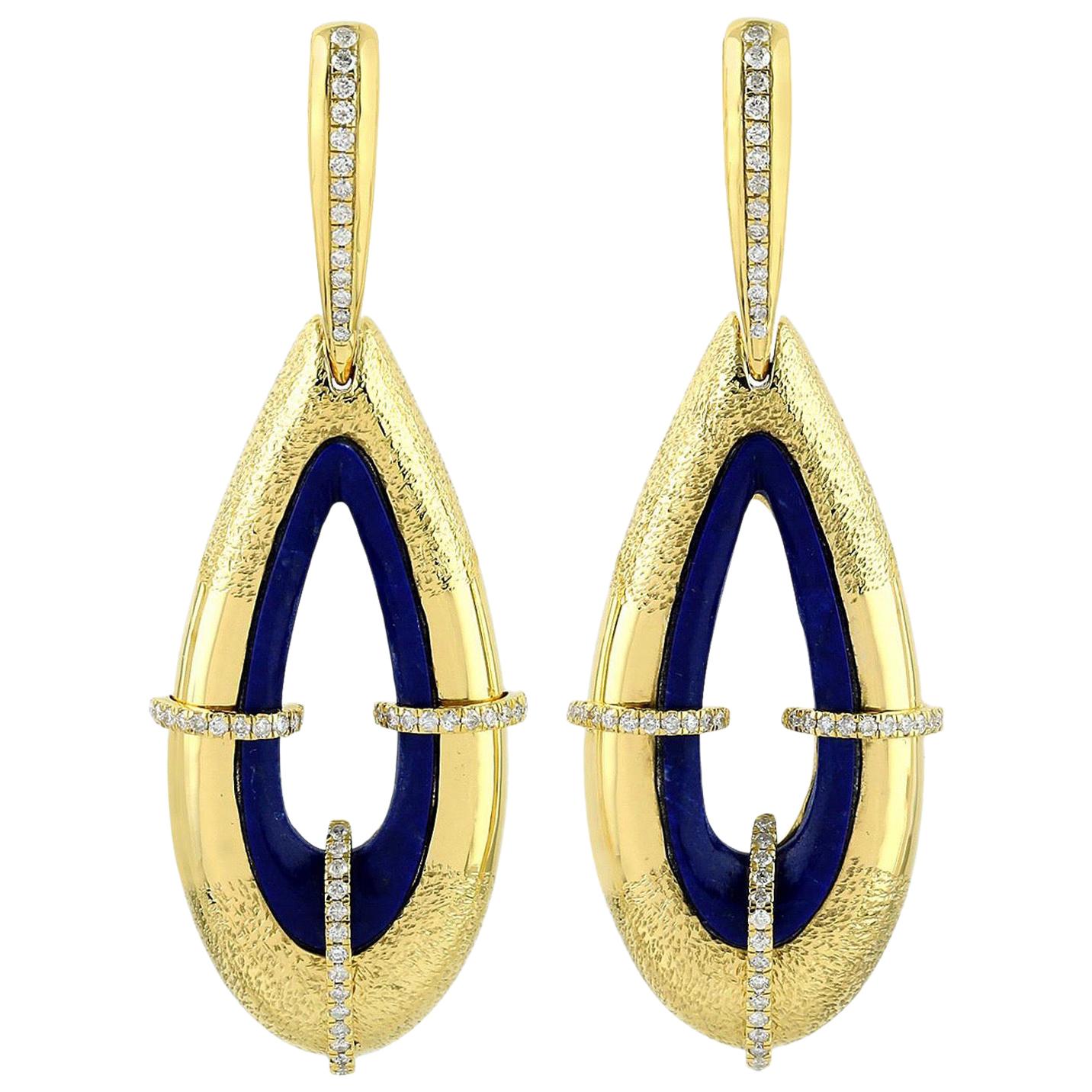 9.4 Carat Lapis Diamond 18 Karat Gold Earrings For Sale
