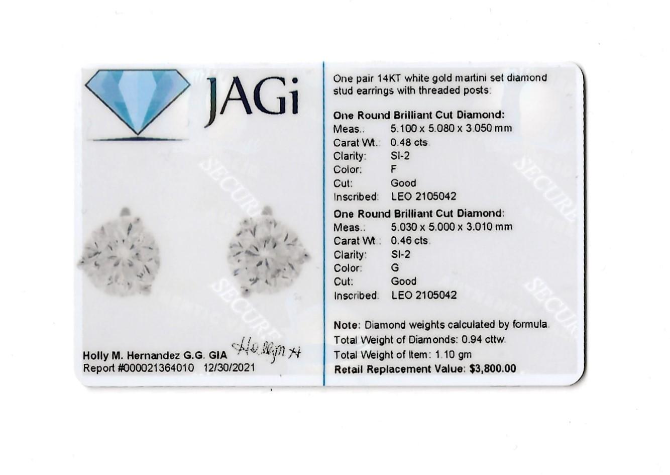 .94 Carats Total Round Leo Diamond Stud Earrings in White Gold 3 Prong Setting For Sale 12
