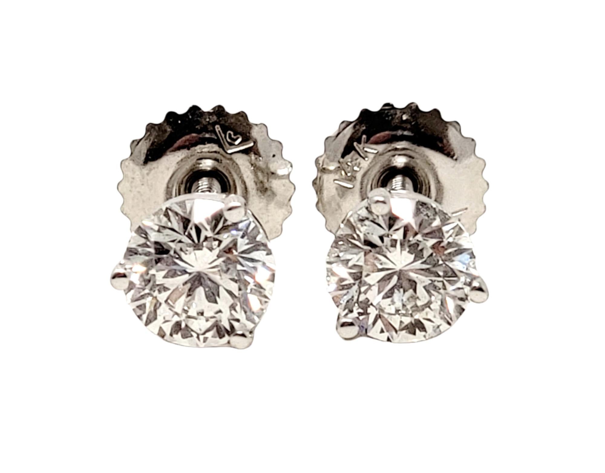 Contemporary .94 Carats Total Round Leo Diamond Stud Earrings in White Gold 3 Prong Setting For Sale