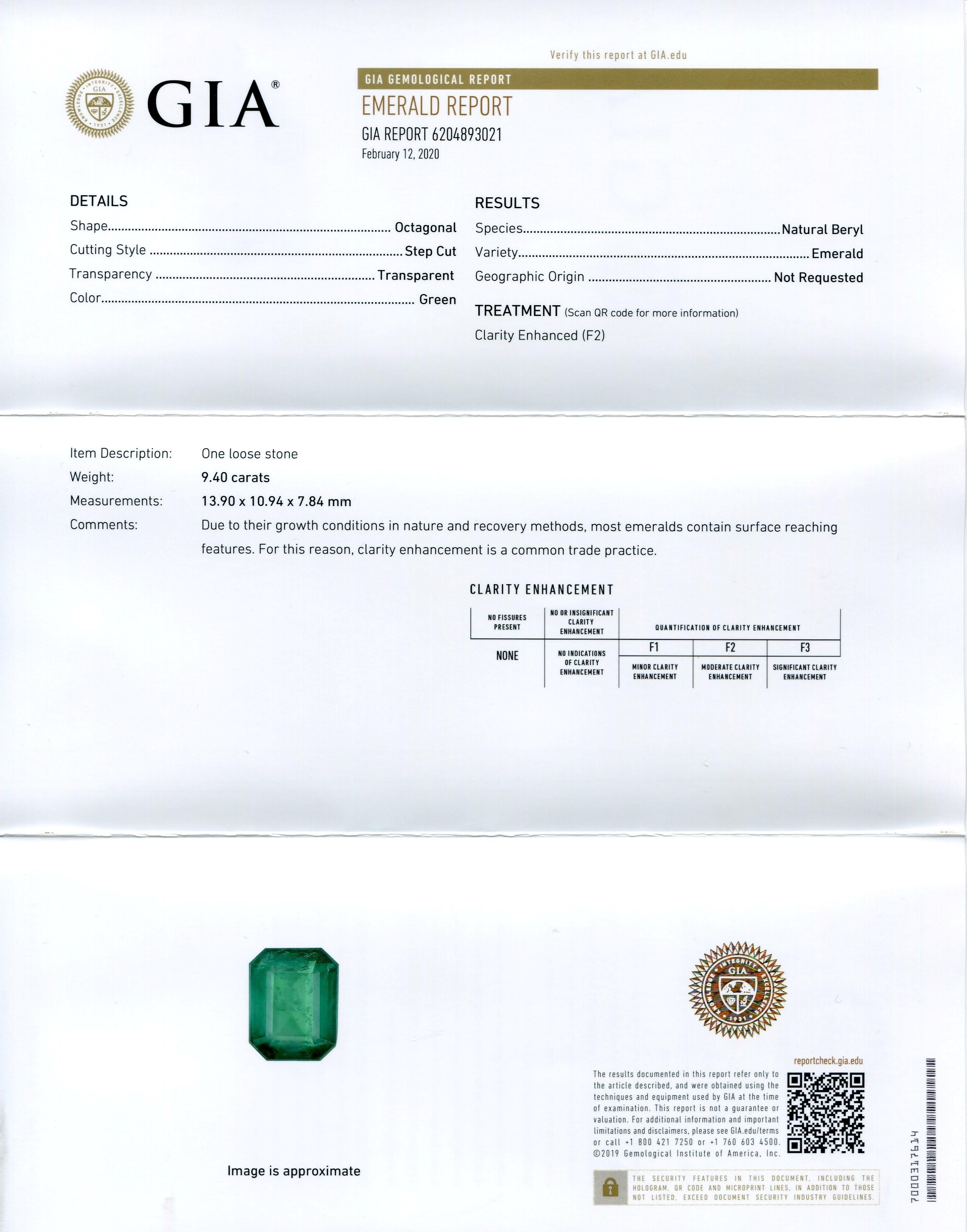 9,4 Karat Achteckiger Smaragd mit Smaragdschliff GIA zertifiziert im Angebot 1