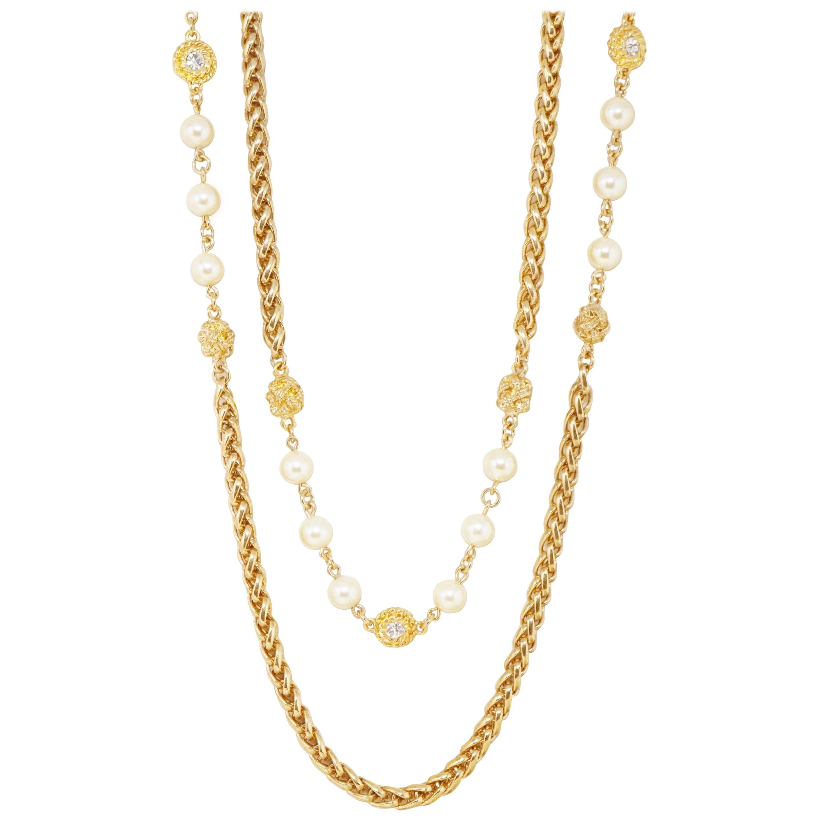 94" Heavy Gilt Braided Chain Necklace with Crystals & Pearls by Chanel, 1980s