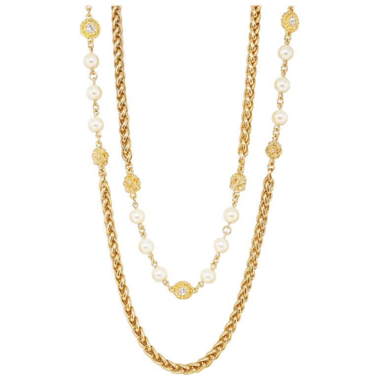 94" Heavy Gilt Braided Chain Necklace with Crystals and Pearls by Chanel,  1980s For Sale at 1stDibs