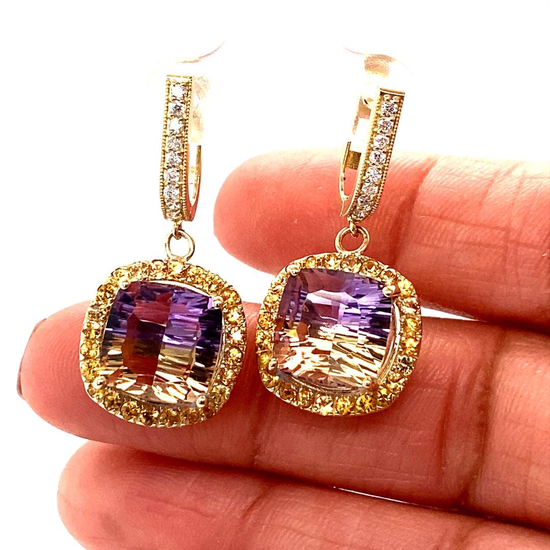 Pendientes Gota Oro Amarillo Zafiro Diamante Ametrina 9.40 Quilates Contemporáneo en venta