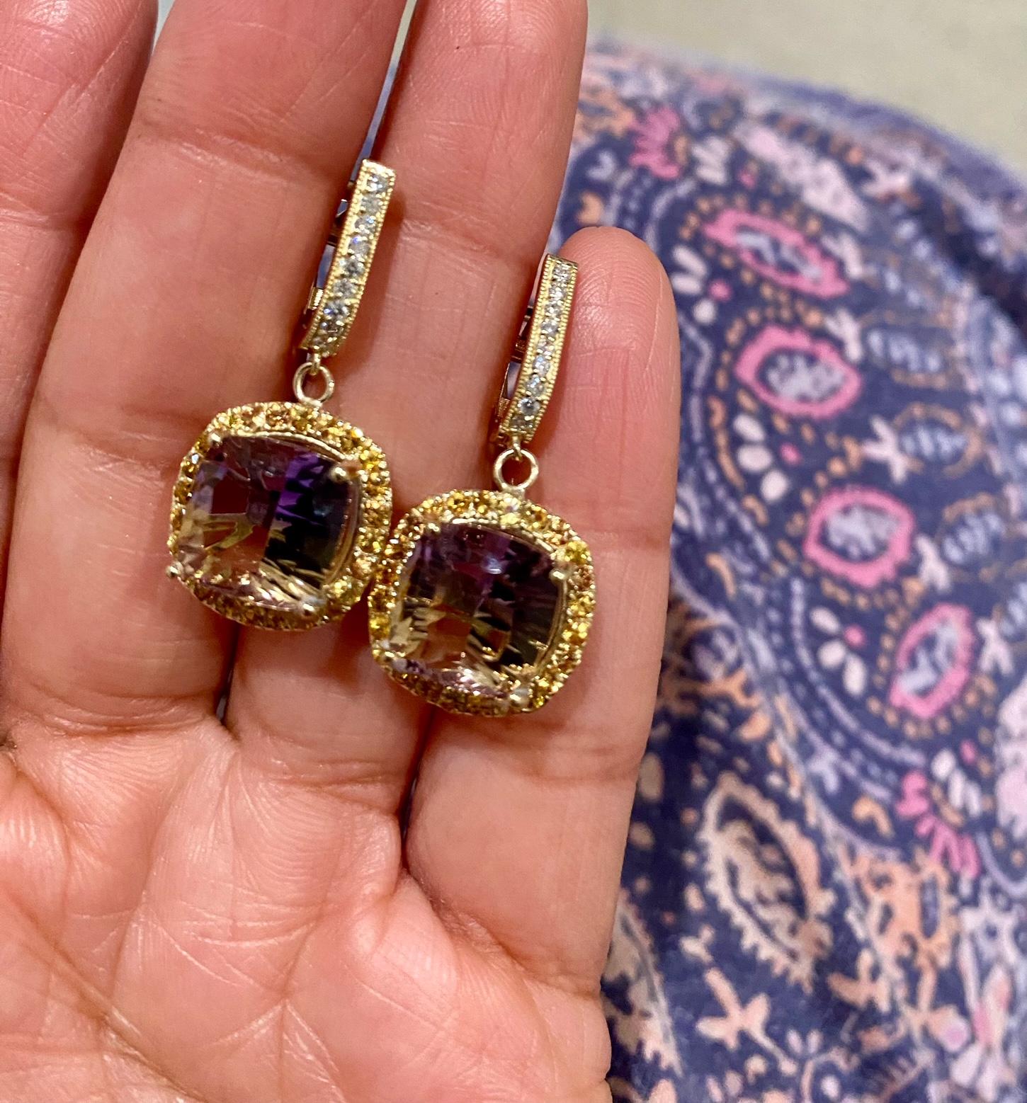 Pendientes Gota Oro Amarillo Zafiro Diamante Ametrina 9.40 Quilates Corte cojín en venta