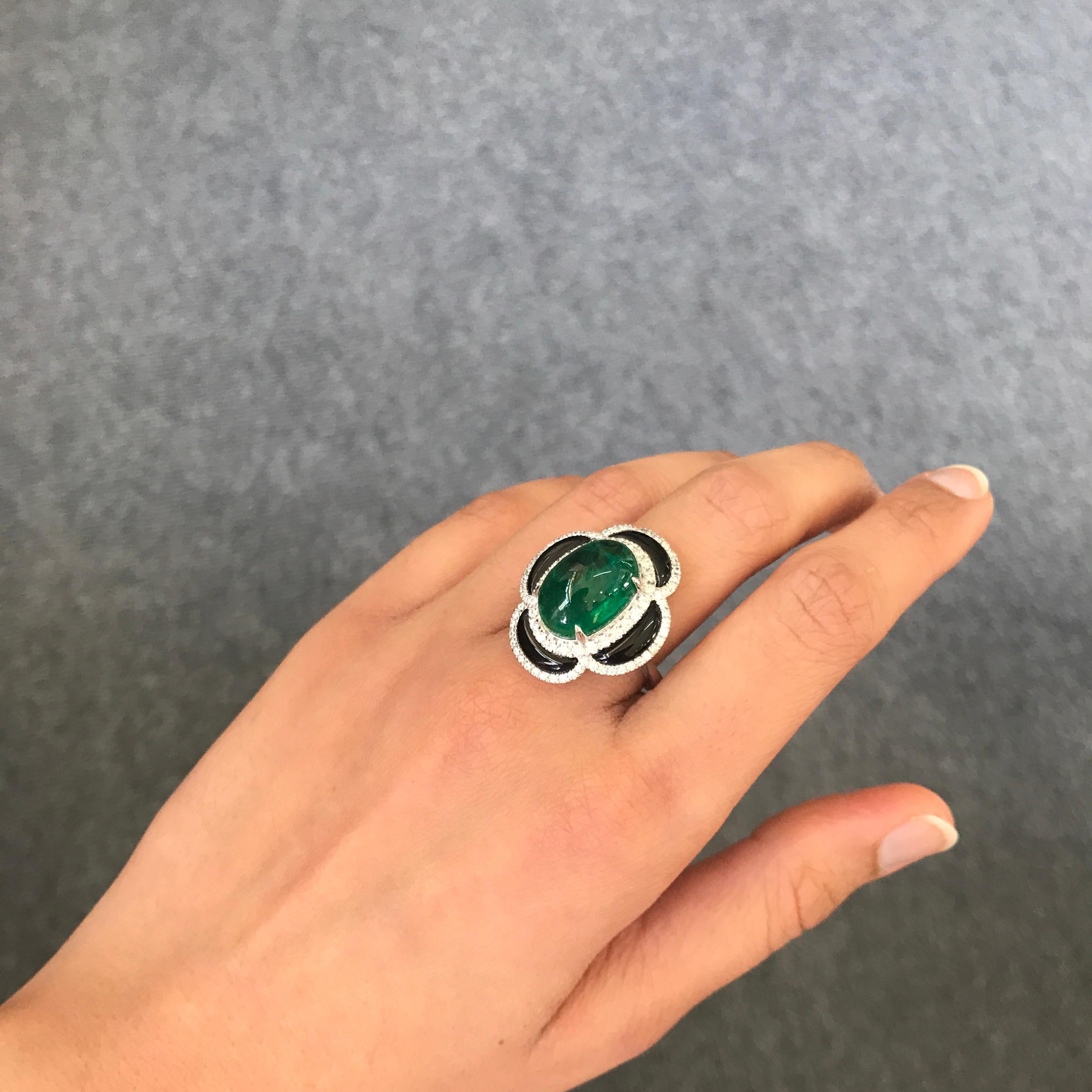 Oval Cut 9.40 Carat Emerald Cabochon, Black Onyx and Diamond Cocktail Ring