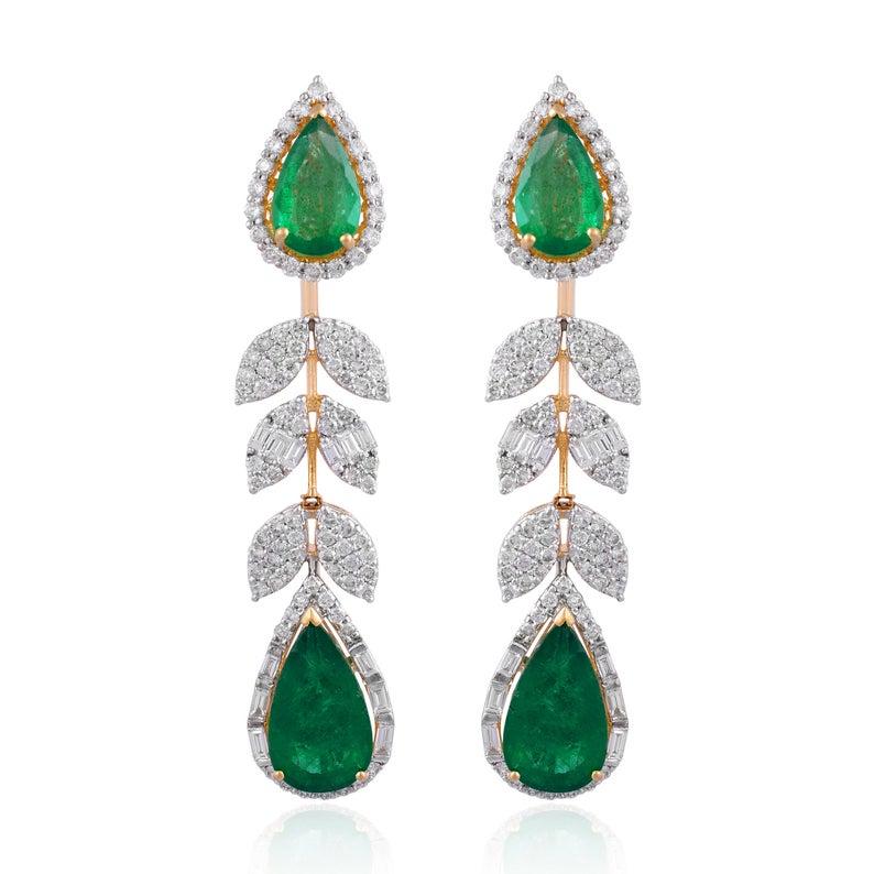 9.40 Carat Emerald Diamond 14 Karat Gold Leaf Earrings In New Condition For Sale In Hoffman Estate, IL