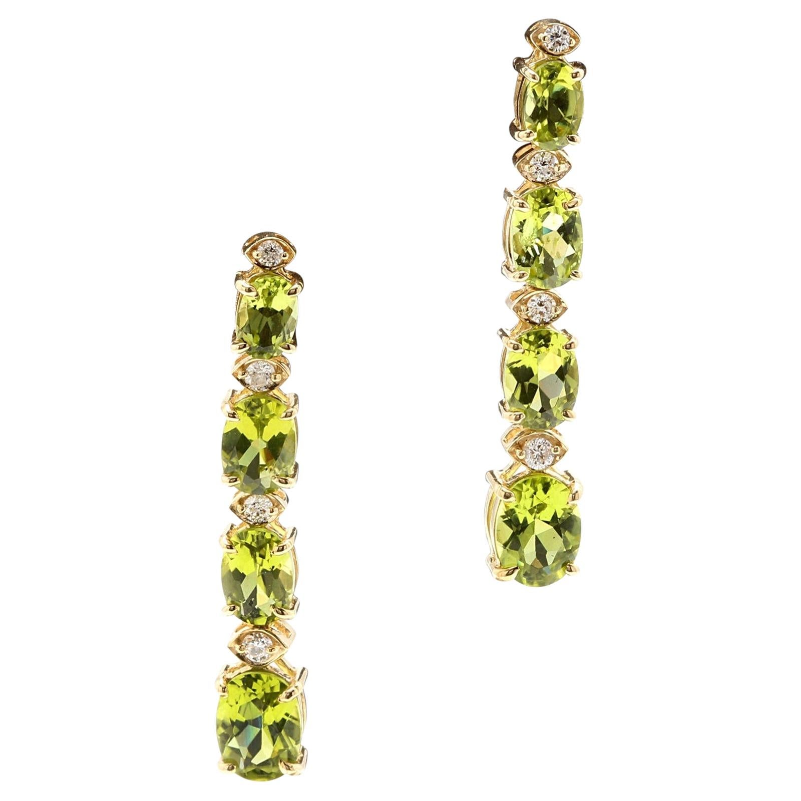 9.40 Carat Natural Peridot and Diamond 14 Karat Solid Yellow Gold Earrings For Sale