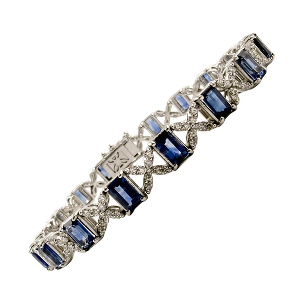 9.40 Carat Sapphire and Diamond Tennis Bracelet, Emerald Cut and Round