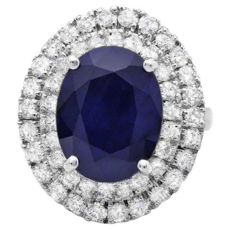 Anello in oro bianco massiccio 14K con zaffiro blu naturale e diamante da 9,40 carati