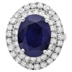 Bague en or blanc massif 14 carats, saphir bleu naturel de 9,40 carats et diamant
