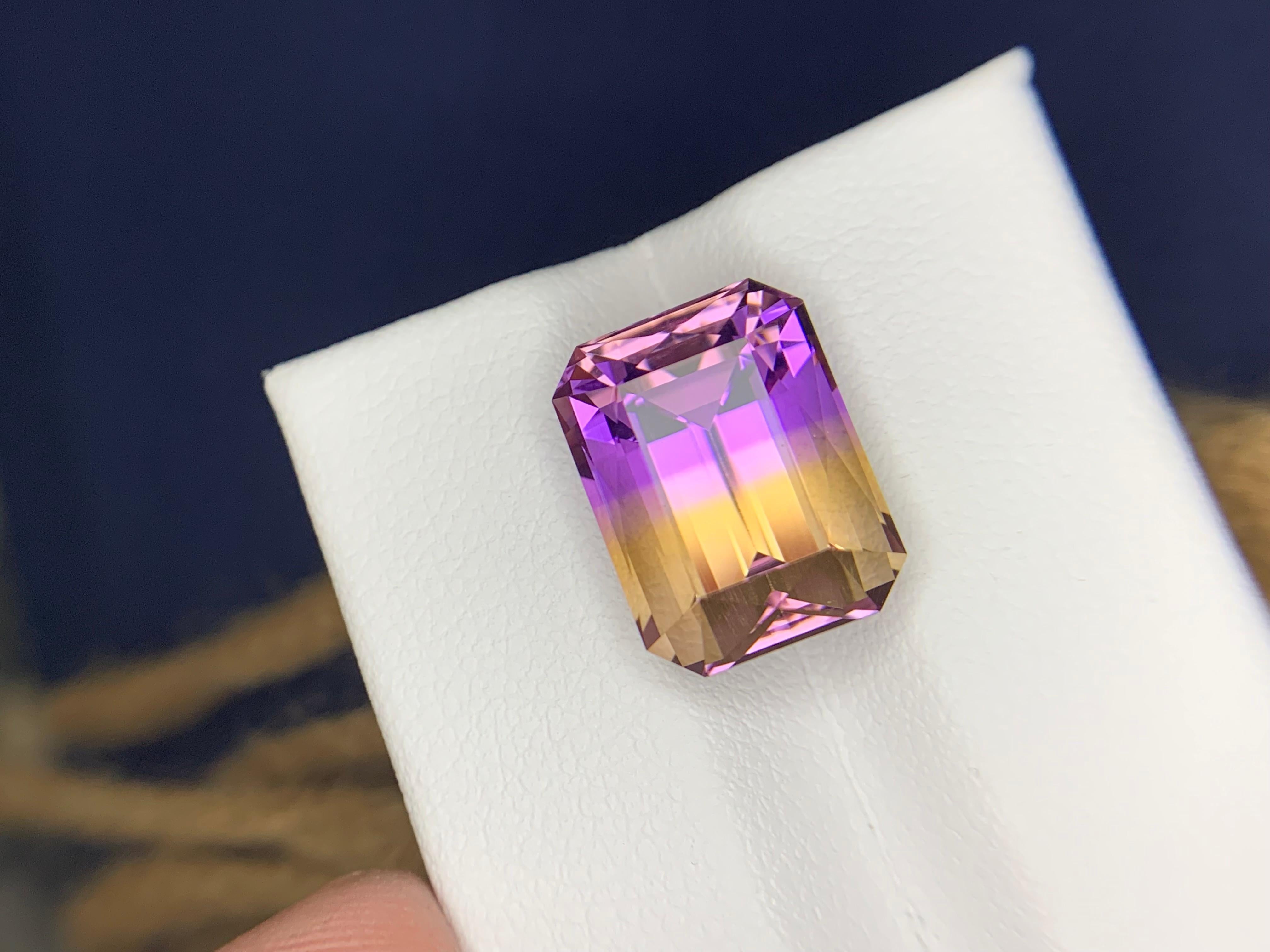 Loose Ametrine 

Weight: 9.40 Carats
Dimension: 14 x 10.6 x 9 Mm
Origin: Bolivia
Colour: Purple & Yellow
Shape: Emerald
Certificate: On Demand
.
The stone Ametrine, has particularly a very soothing and relaxing effect on the soul and on the feeling