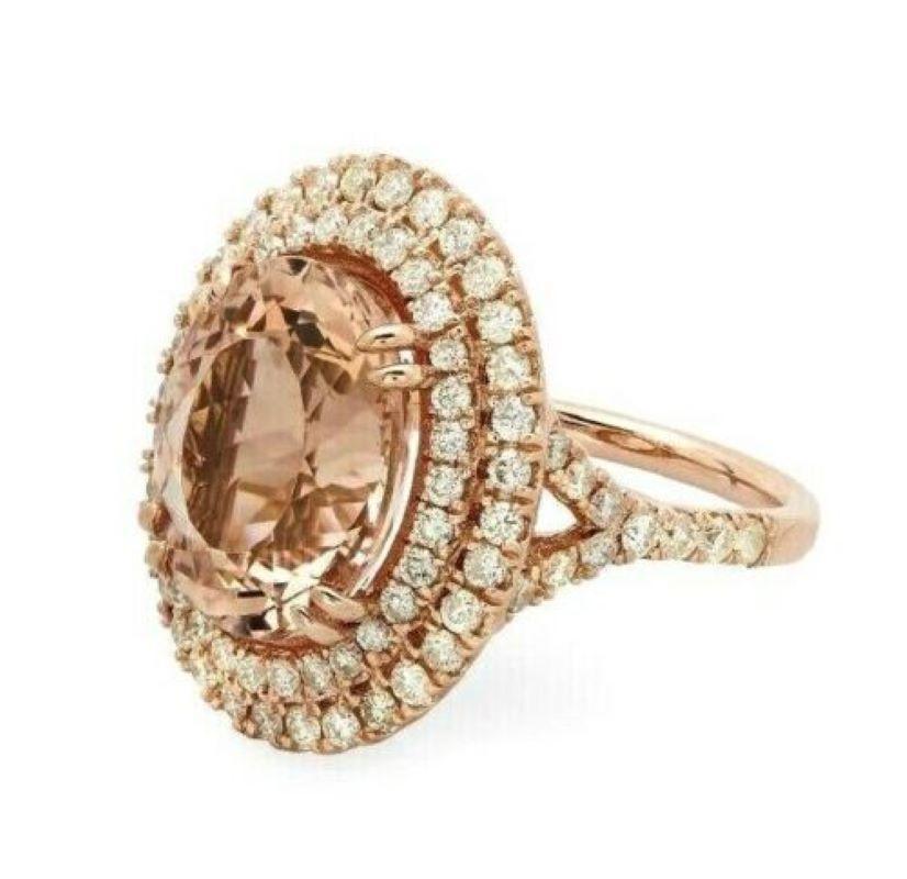 Rose Cut 9.40 Carat Natural Morganite and Diamond 14 Karat Solid Rose Gold Ring For Sale