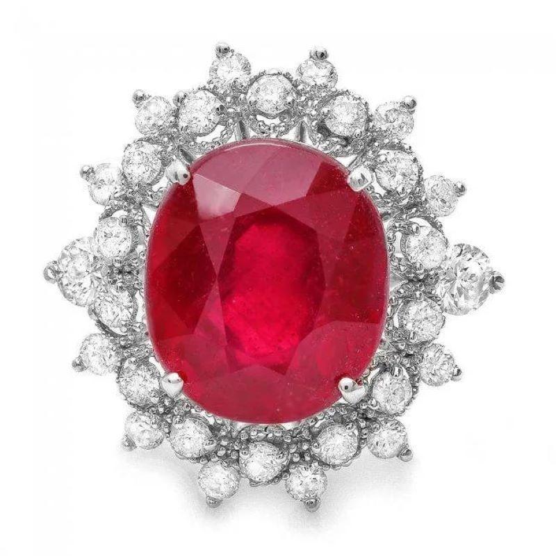 9.40 Carats Natural Red Ruby and Diamond 14K Solid White Gold Ring

Total Natural Red Ruby Weight is: Approx. 8.40 Carat

Ruby Measures: Approx. 13.00 x 11.00mm

Ruby treatment: Fracture Filling

Natural Round Diamonds Weight: Approx. 1.00 Carats