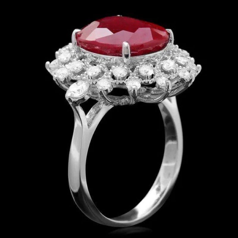 Mixed Cut 9.40 Carats Natural Red Ruby and Diamond 14K Solid White Gold Ring For Sale