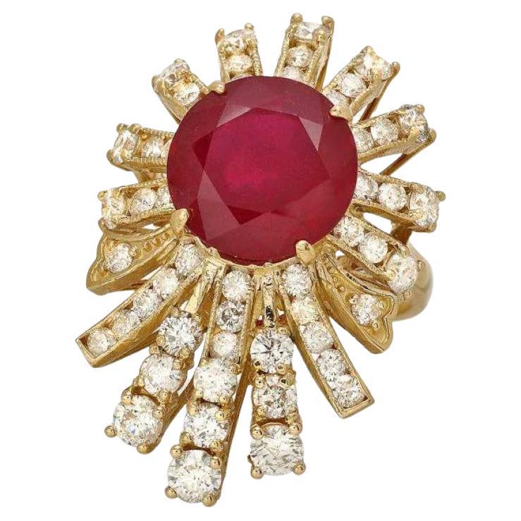 9.40 Carats Natural Red Ruby and Diamond 14K Solid Yellow Gold Ring For Sale