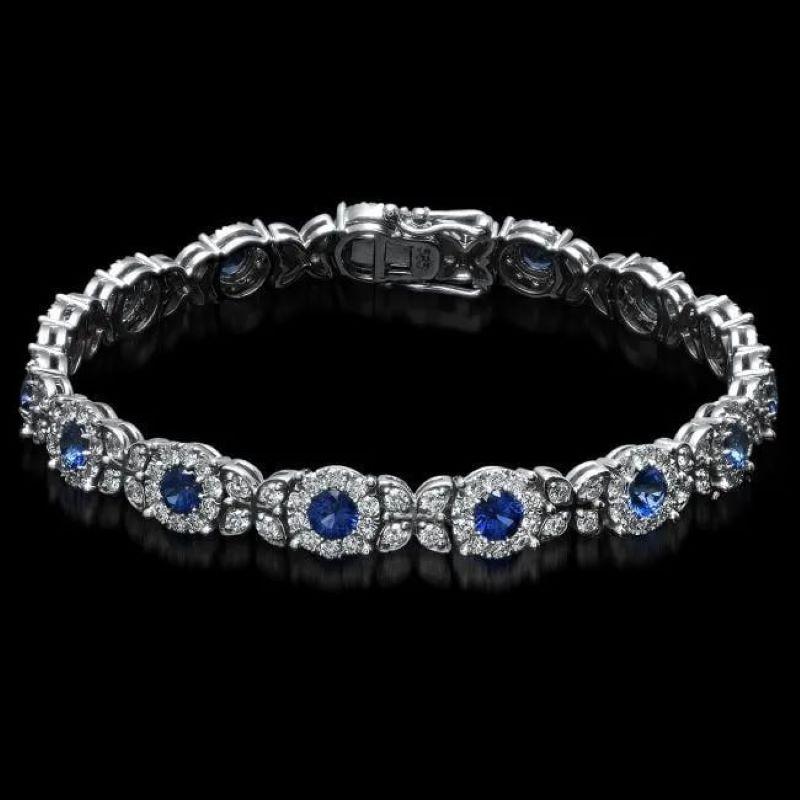 Mixed Cut 9.40 Natural Blue Sapphire and Diamond 14K Solid White Gold Bracelet For Sale