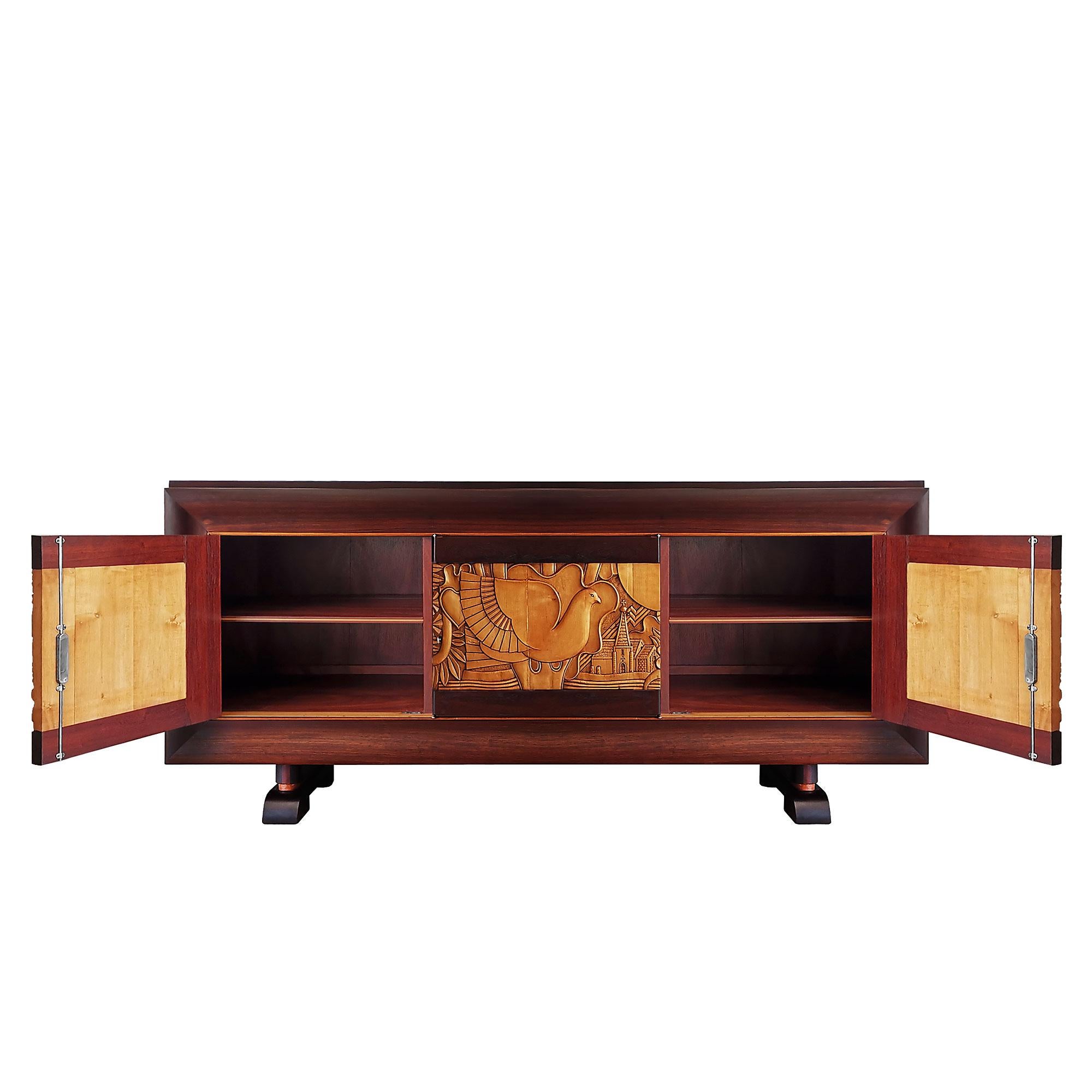 French Mid-Century Modern Sideboard in Solid Bubinga and Carved Maple - France, 1940s For Sale