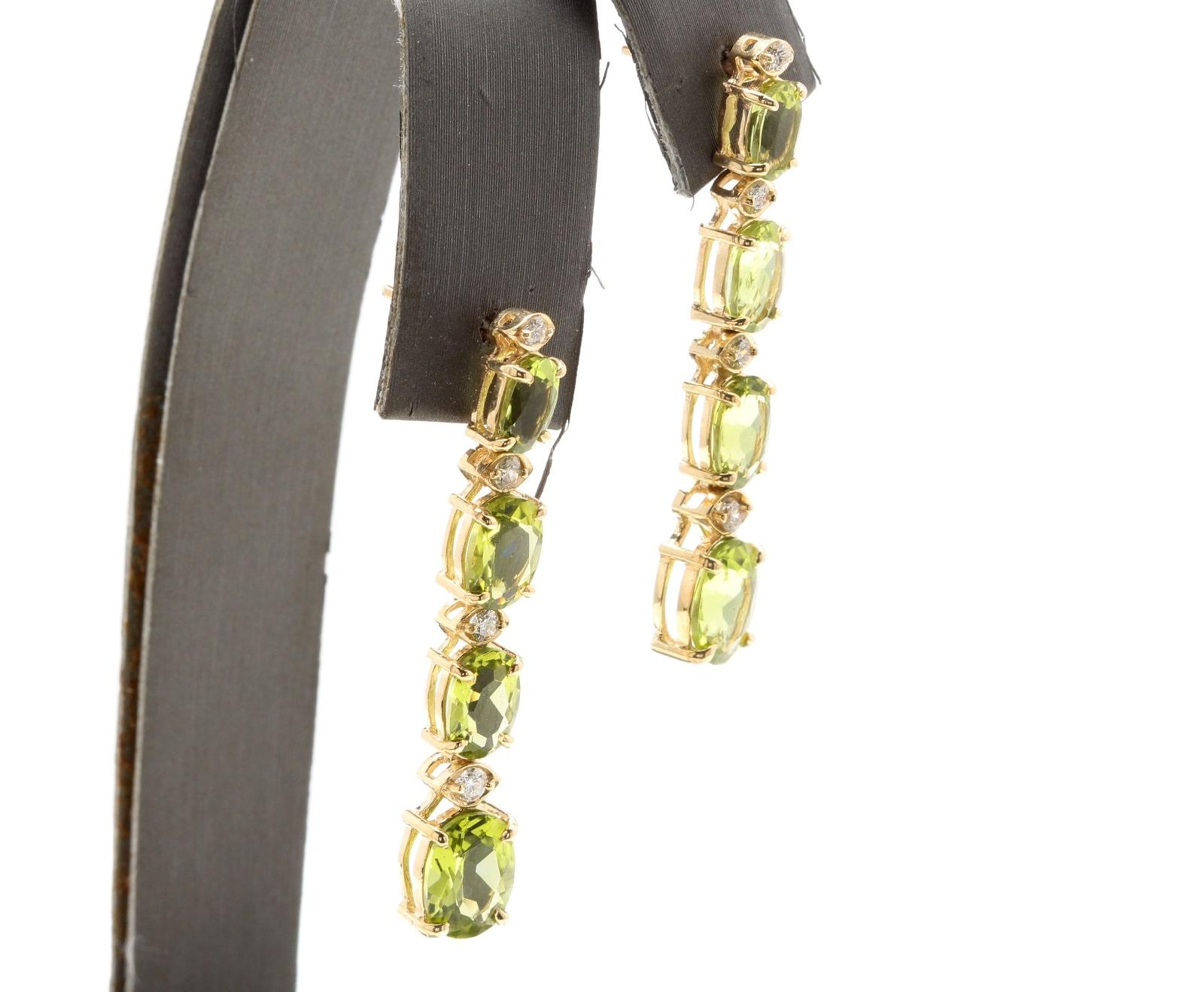 Oval Cut 9.40 Carat Natural Peridot and Diamond 14 Karat Solid Yellow Gold Earrings For Sale