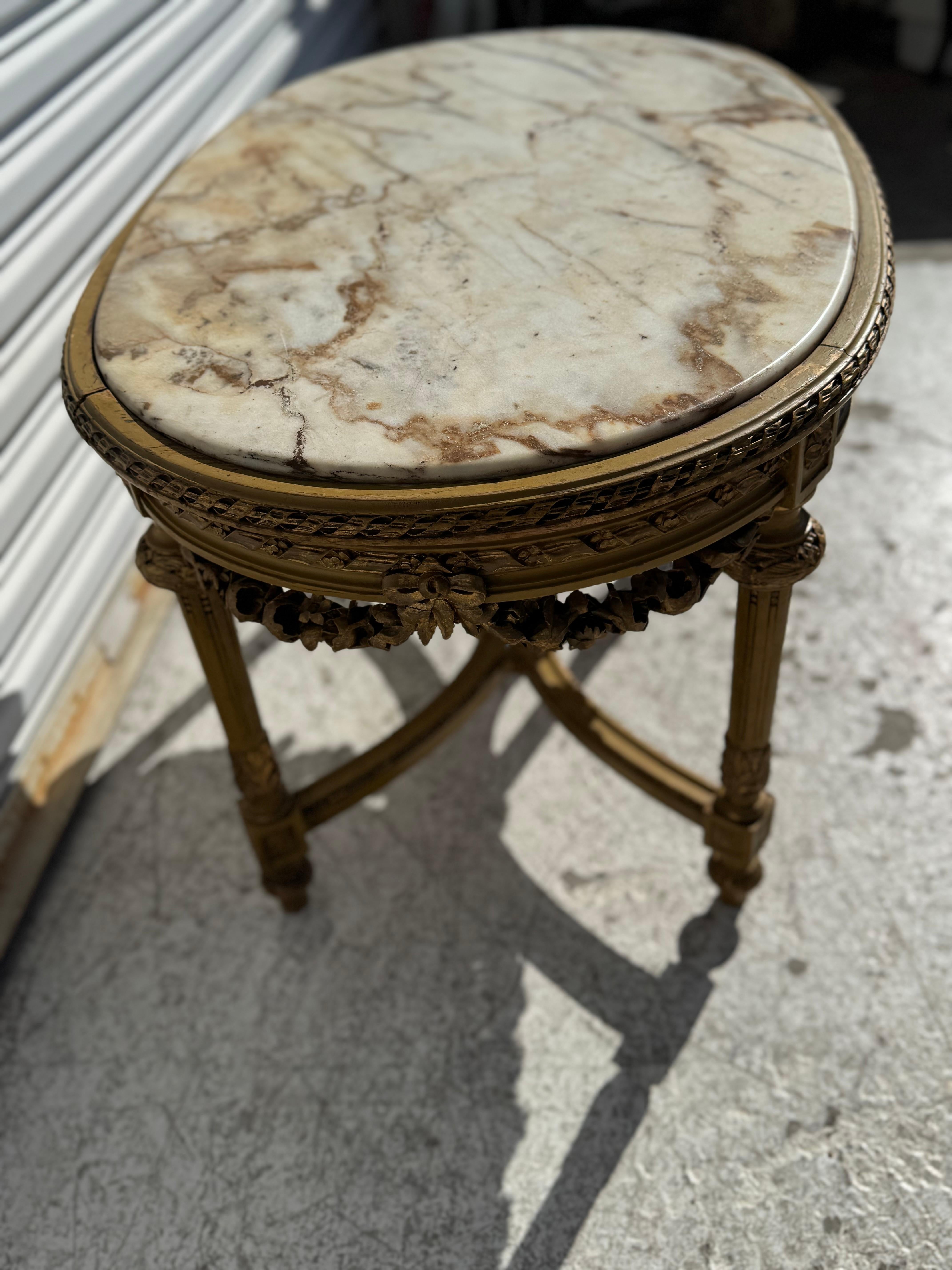 American !940's Carved Louis XVI Oval Marble Top Coffee Table For Sale
