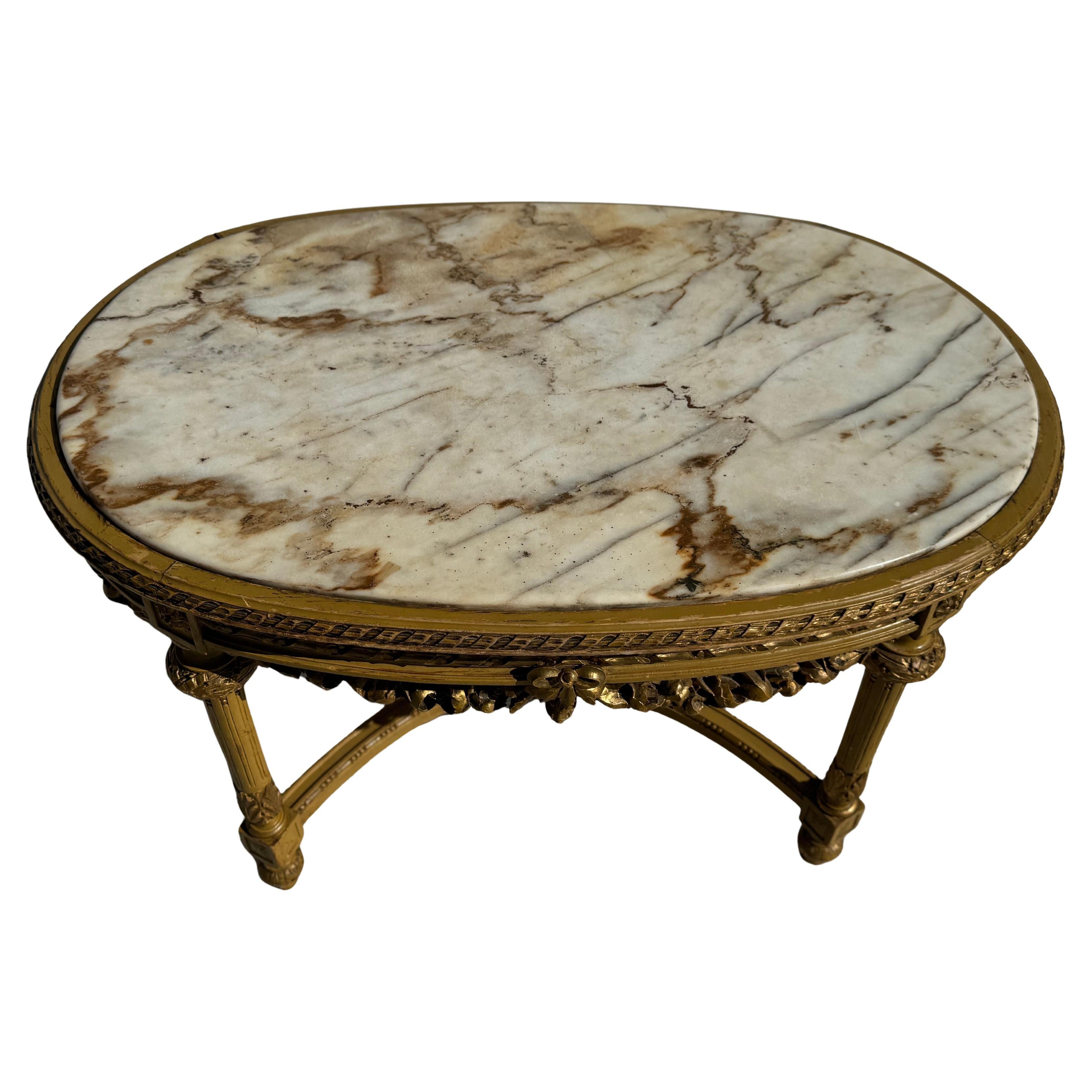 !940's Carved Louis XVI Oval Marble Top Coffee Table For Sale