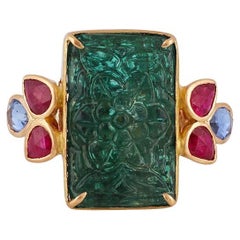 9.41 Carat Carved Zambian Emerald, Sapphire & Ruby Ring in 18k Yellow Gold