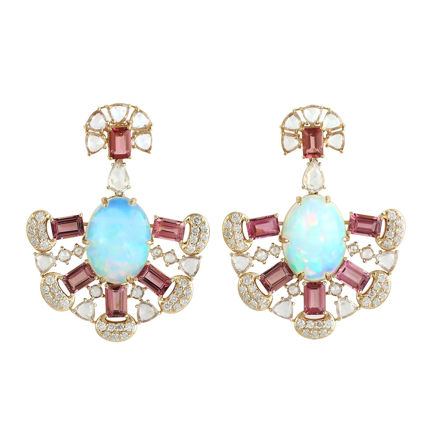 Contemporary 9.41 carat Ethiopian Opal Tourmaline Diamond 14 Karat Gold Earrings For Sale