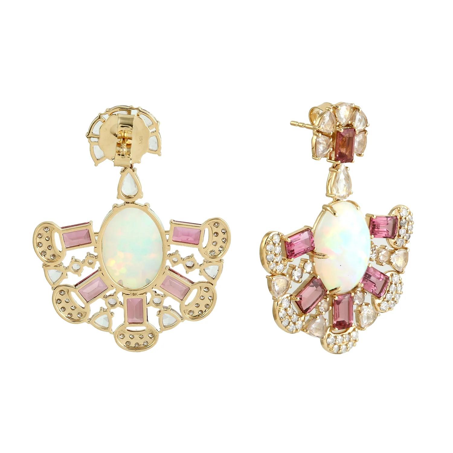 Mixed Cut 9.41 carat Ethiopian Opal Tourmaline Diamond 14 Karat Gold Earrings For Sale