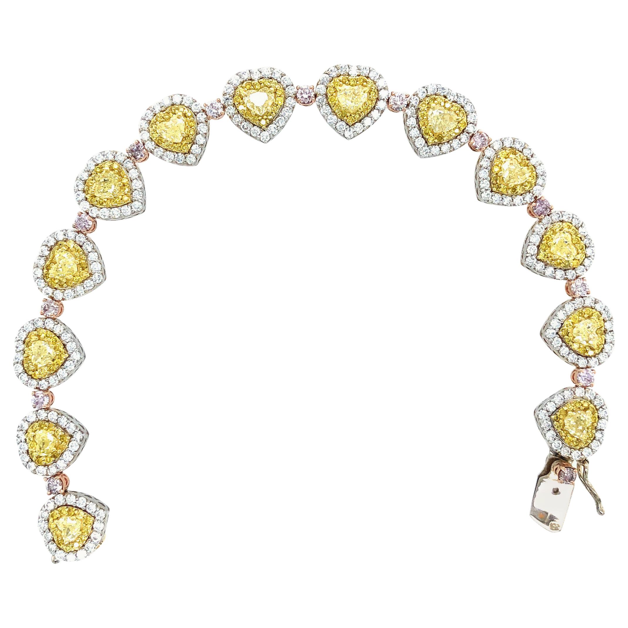 9.41 Carat GIA Natural Yellow and Pink Diamonds Bracelet 18 Karat Gold
