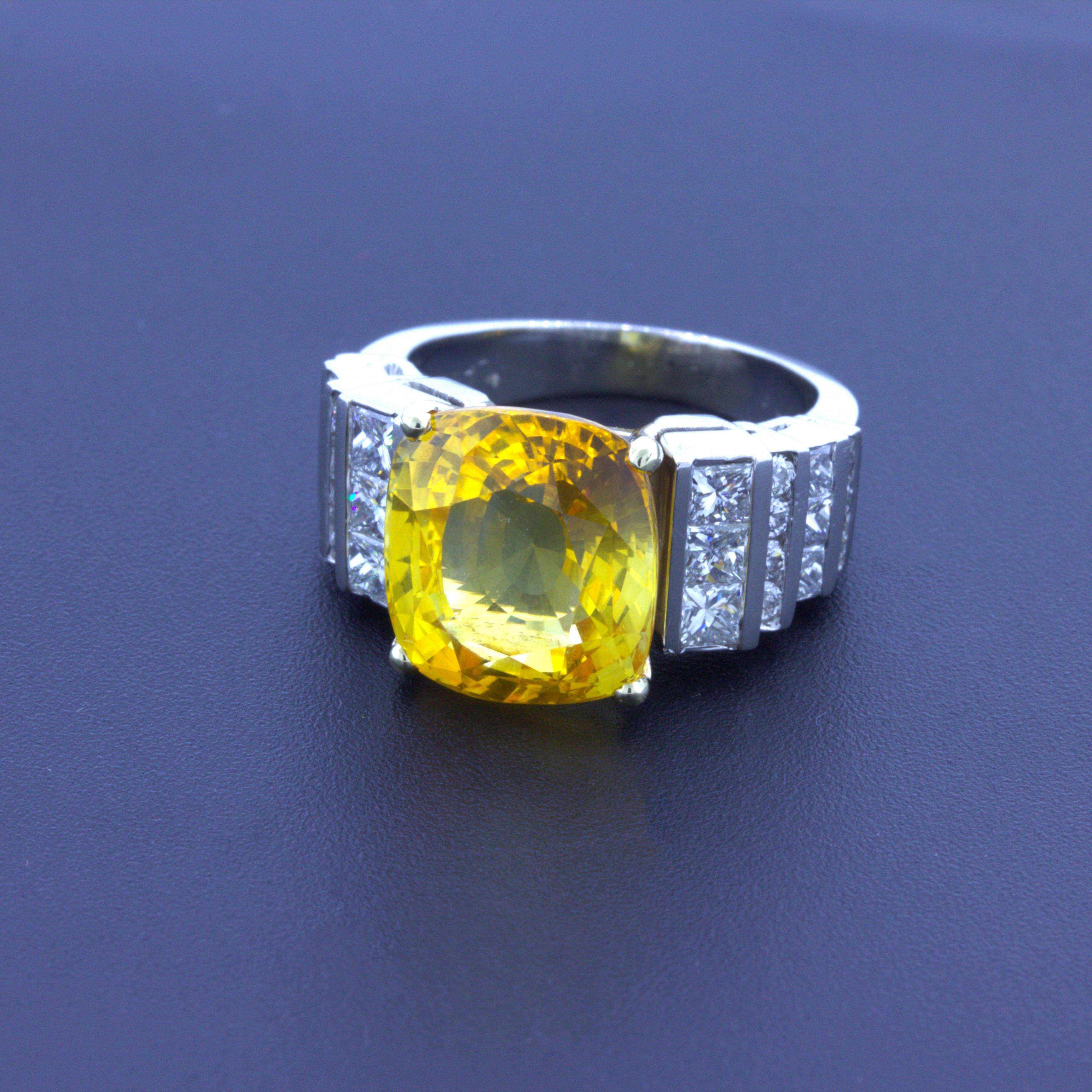 Cushion Cut 9.41 Carat Yellow Sapphire Diamond Platinum Ring, GIA Certified For Sale