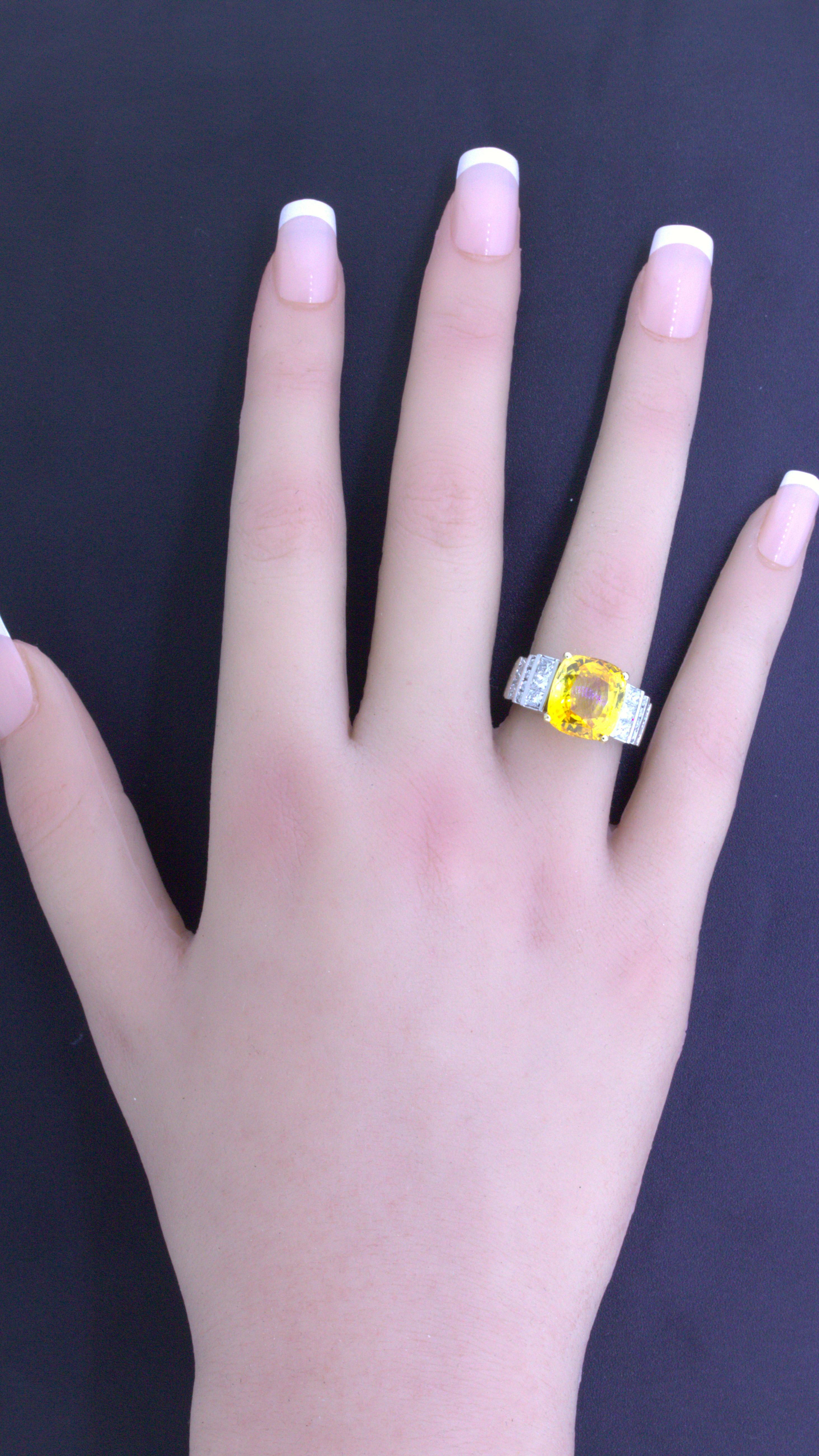 9.41 Carat Yellow Sapphire Diamond Platinum Ring, GIA Certified For Sale 1