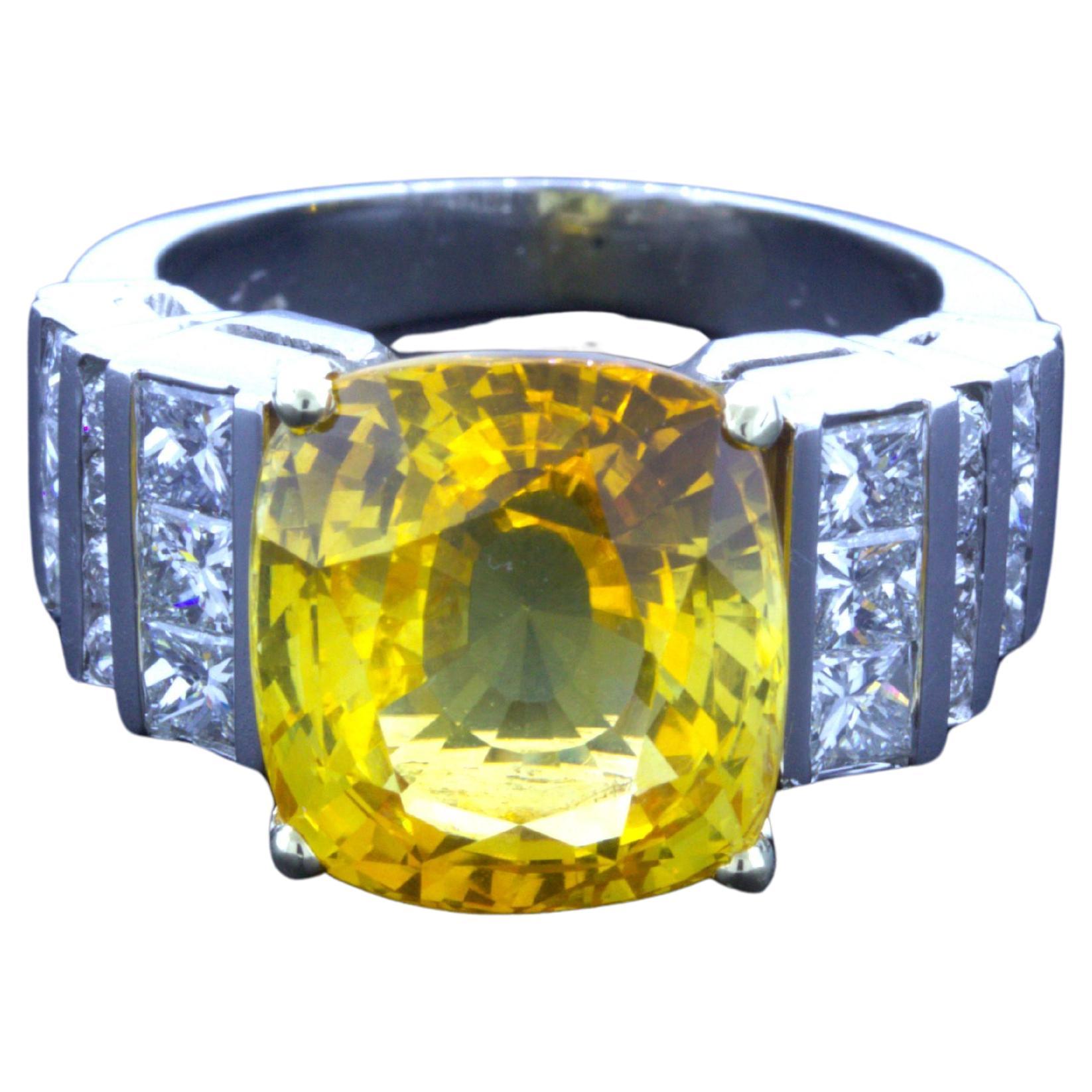 9.41 Carat Yellow Sapphire Diamond Platinum Ring, GIA Certified For Sale