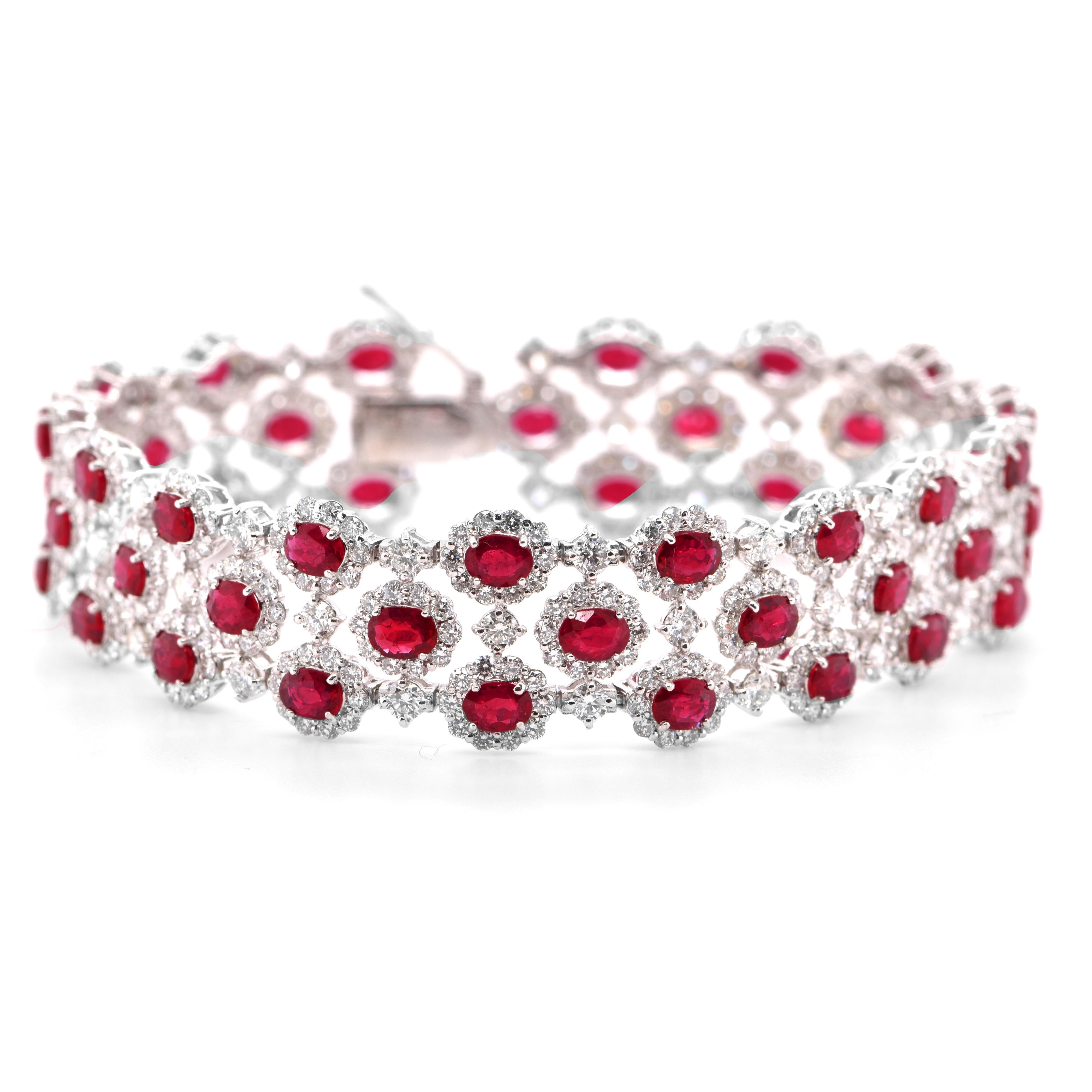 A beautiful 3 Line Bracelet featuring a total of 9.41 Carats of Natural Rubies and 7.91 Carats of Diamond Accents set in Platinum. The Rubies are of 6x4 mm size. Rubies are referred to as 