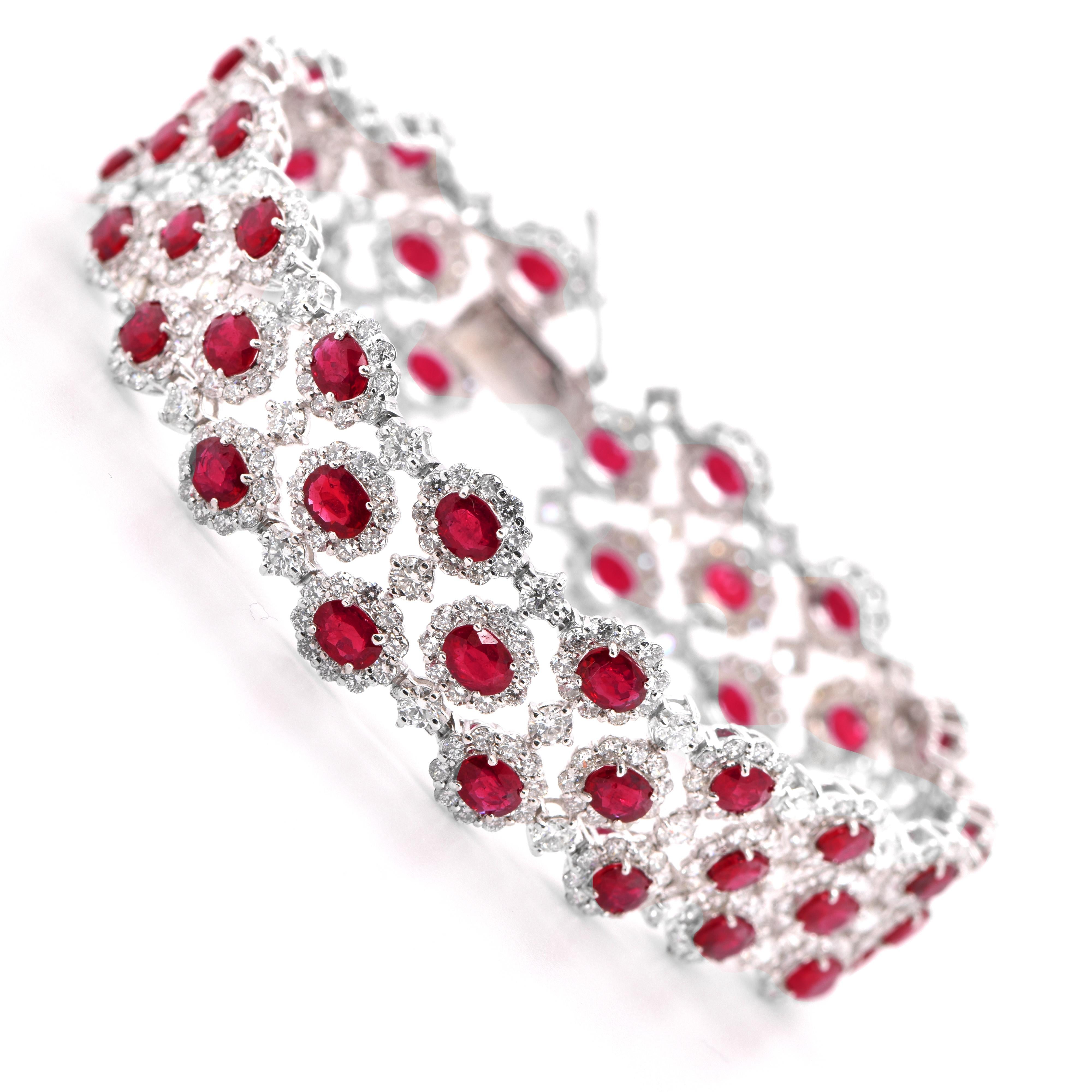 Modern 9.41 Carats Natural Rubies and Diamonds 3 Line Bracelet Set in Platinum