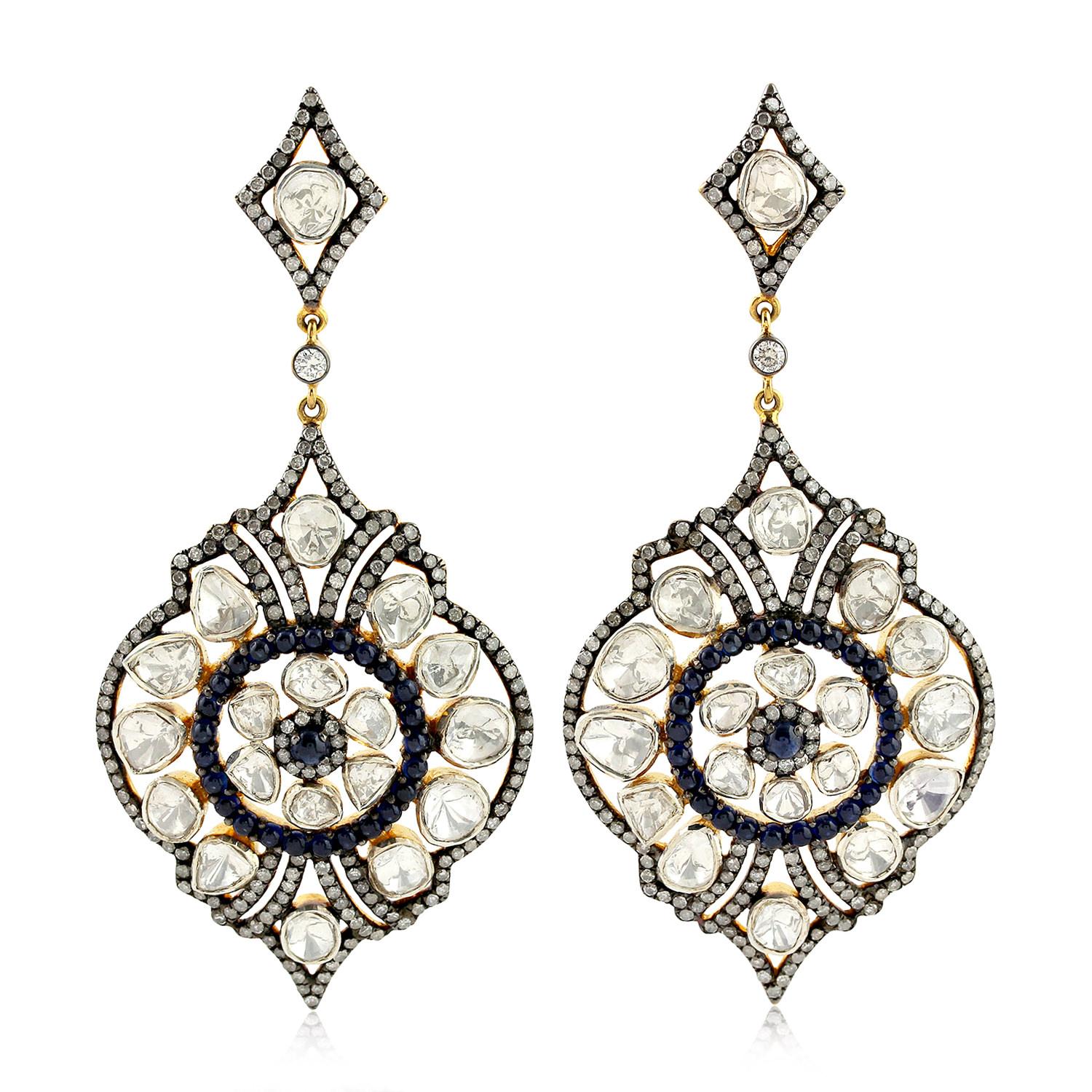 9.41 Rose Cut Diamond Sapphire Earrings In New Condition For Sale In Hoffman Estate, IL